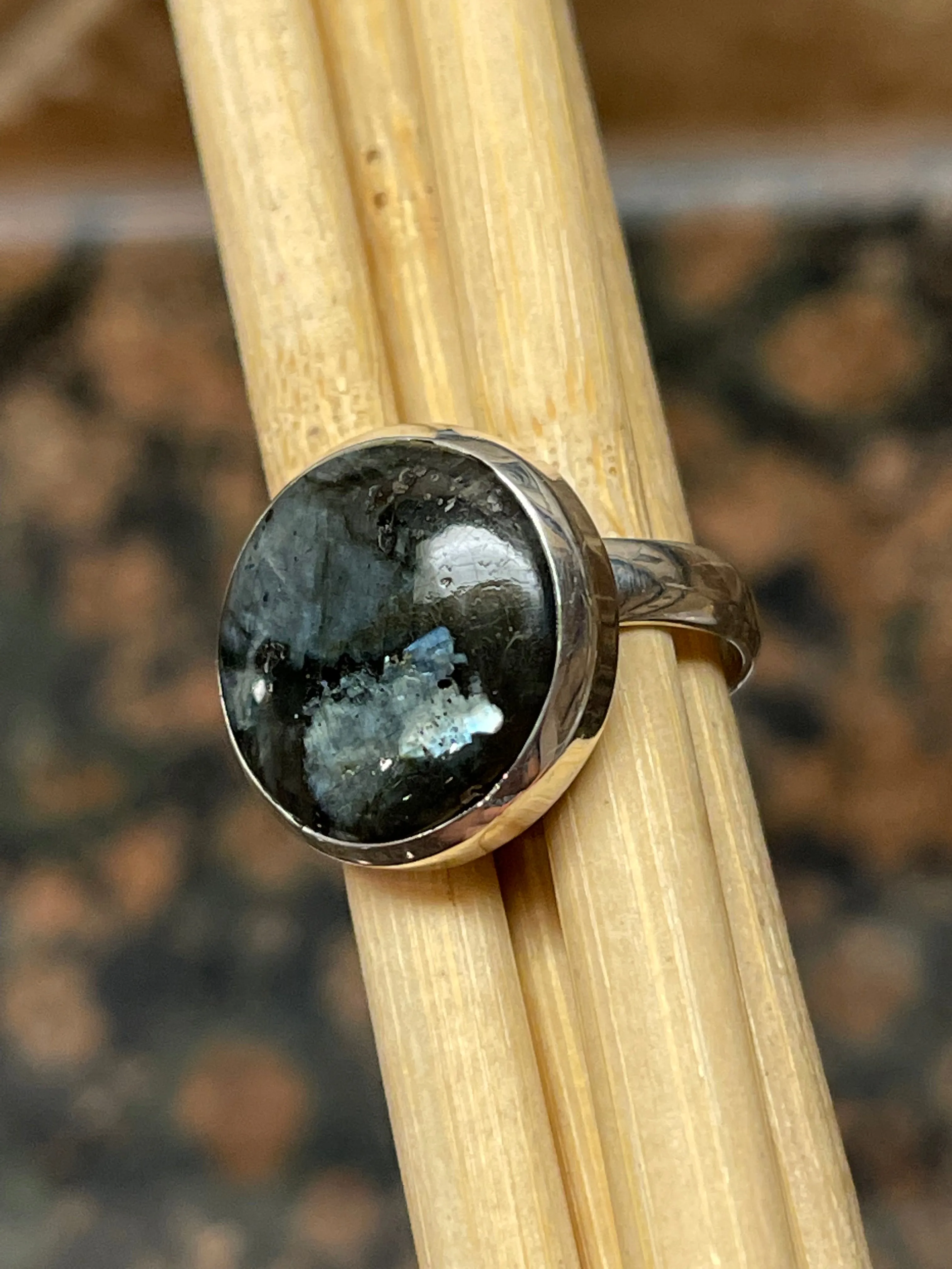 Natural Larvikite Black Moonstone 925 Solid Sterling Silver Ring Size 5.75