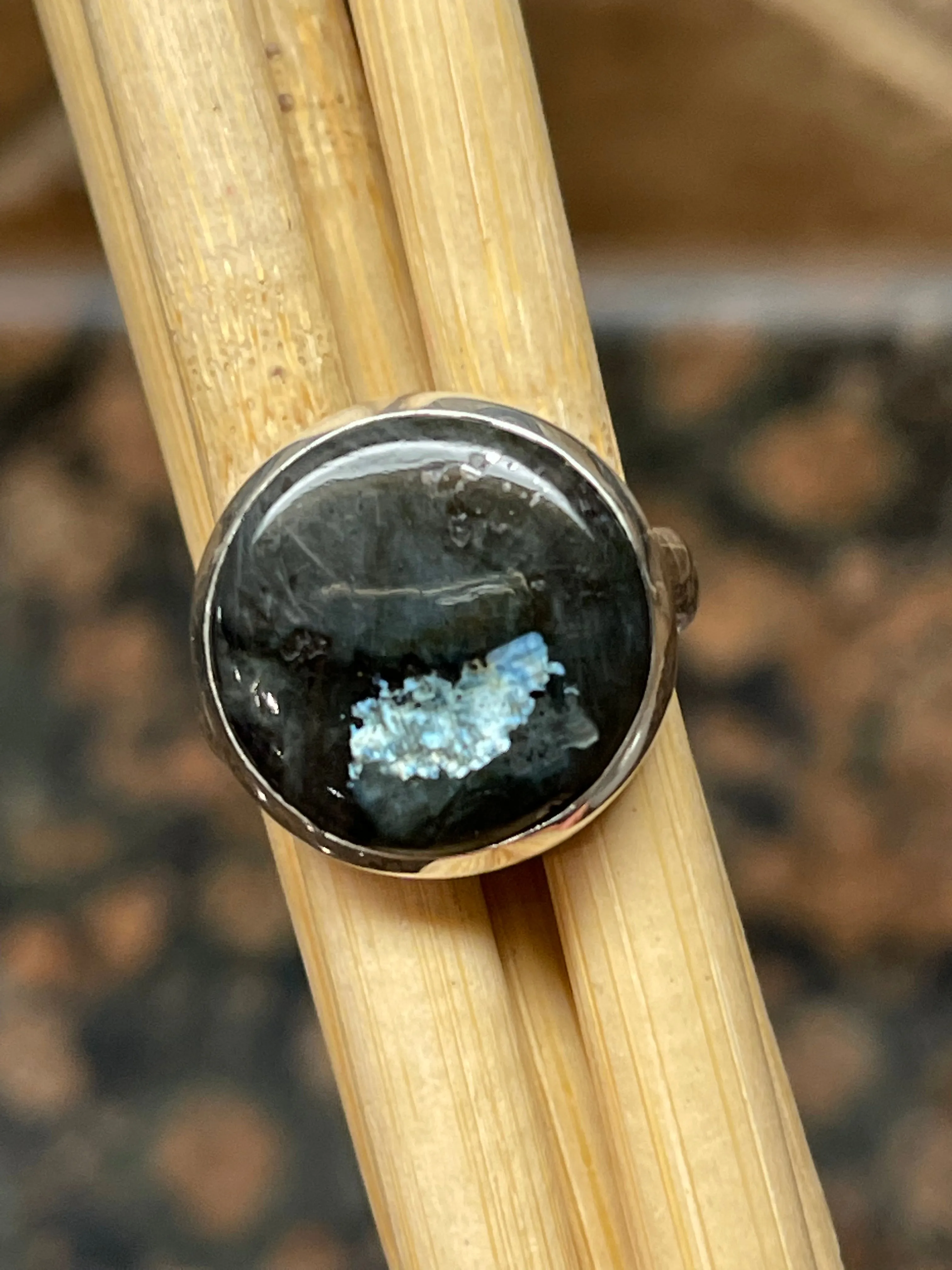 Natural Larvikite Black Moonstone 925 Solid Sterling Silver Ring Size 5.75