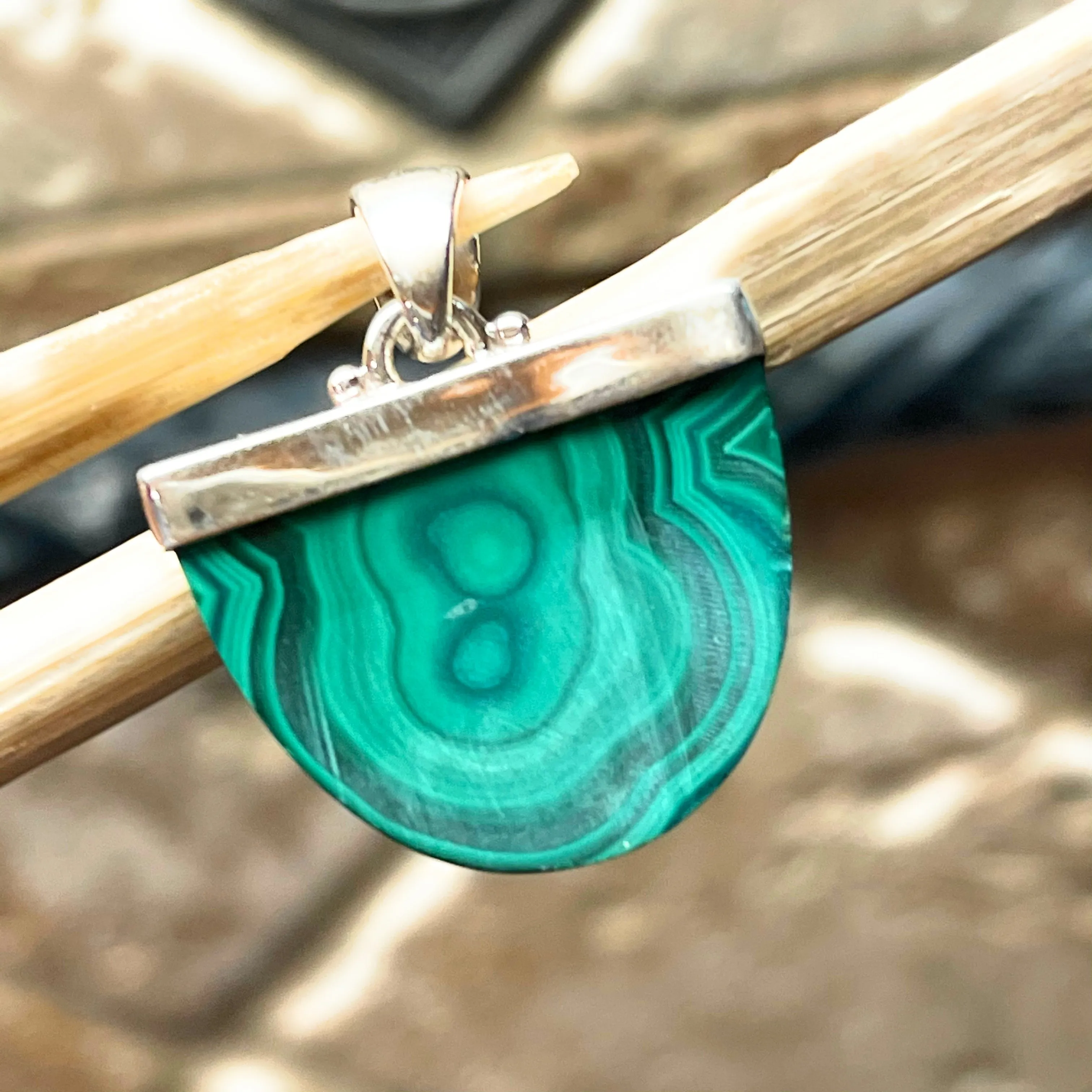 Natural Malachite 925 Solid Sterling Silver Pendant 27mm