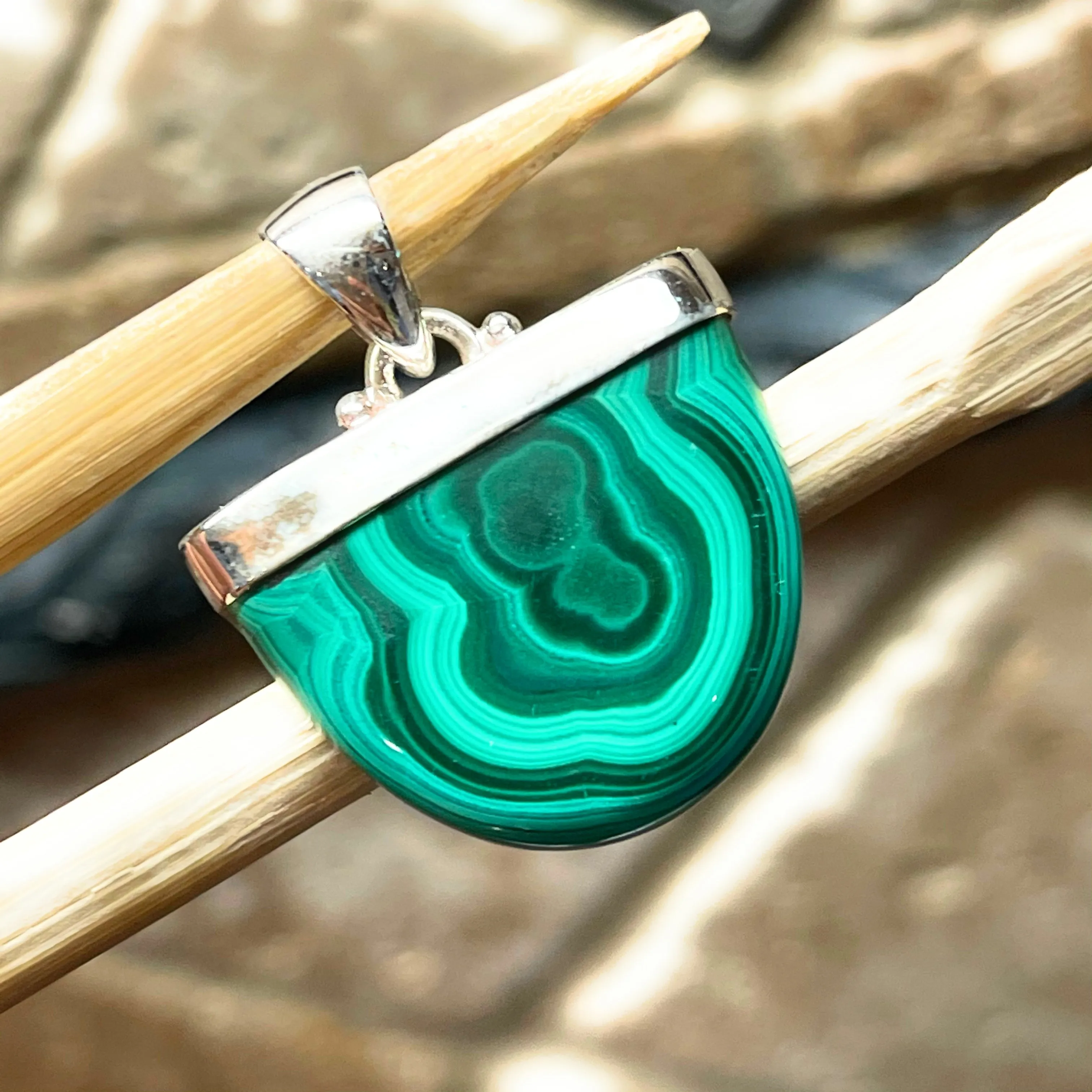 Natural Malachite 925 Solid Sterling Silver Pendant 27mm