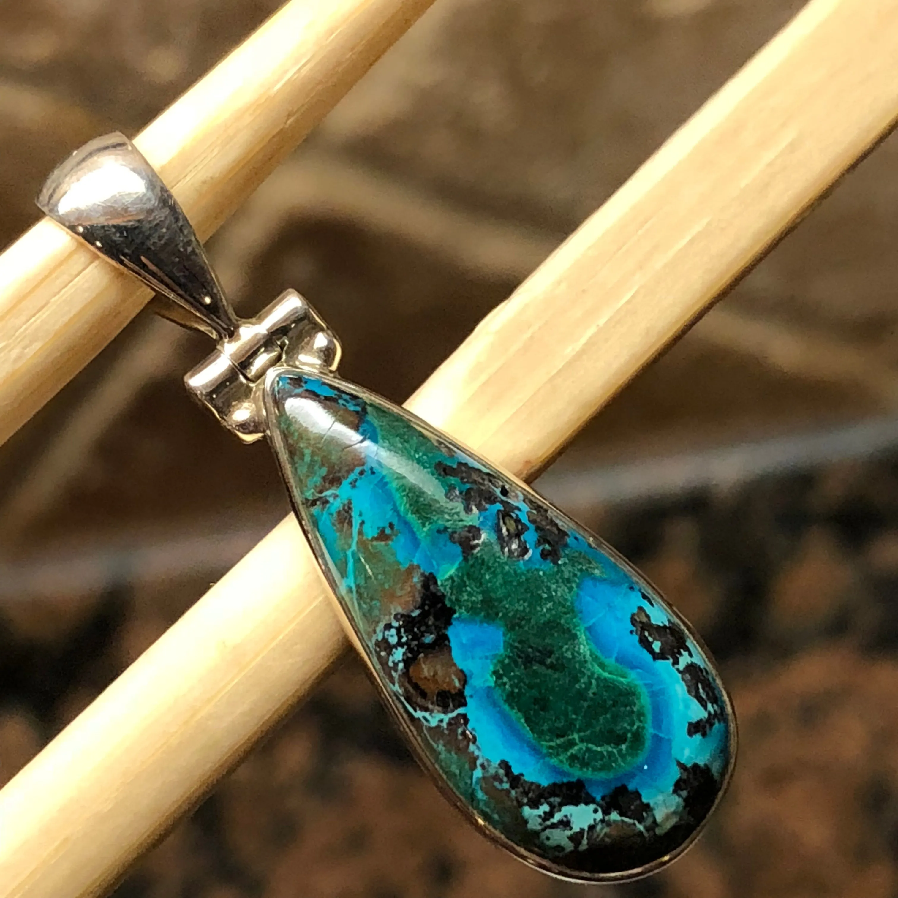 Natural Malachite in Azurite 925 Solid Sterling Silver Pendant 35mm