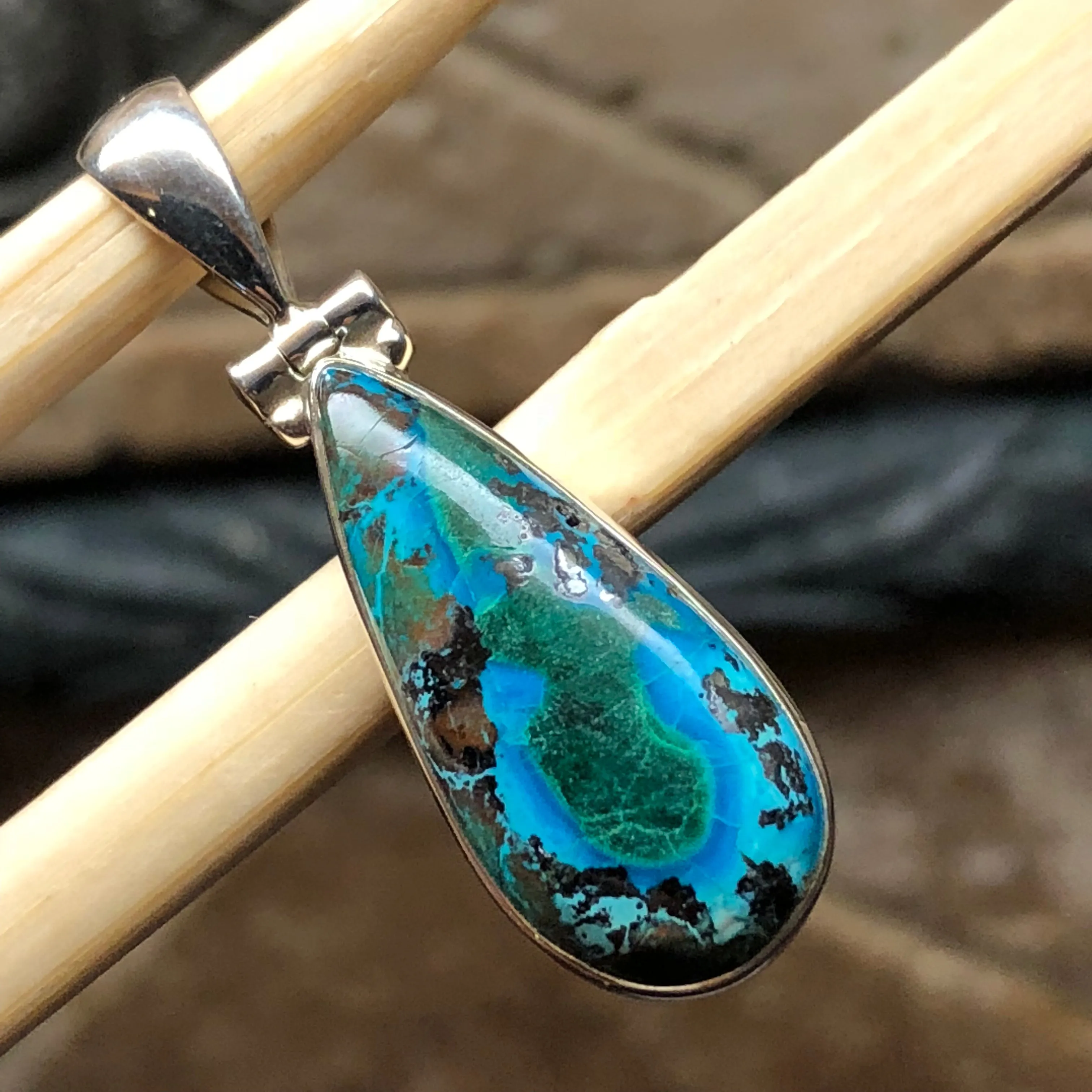 Natural Malachite in Azurite 925 Solid Sterling Silver Pendant 35mm