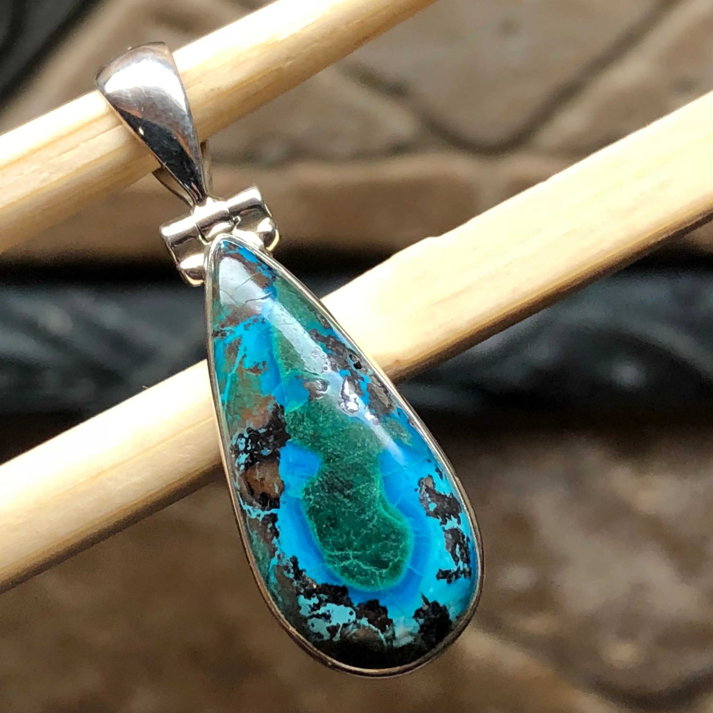 Natural Malachite in Azurite 925 Solid Sterling Silver Pendant 35mm