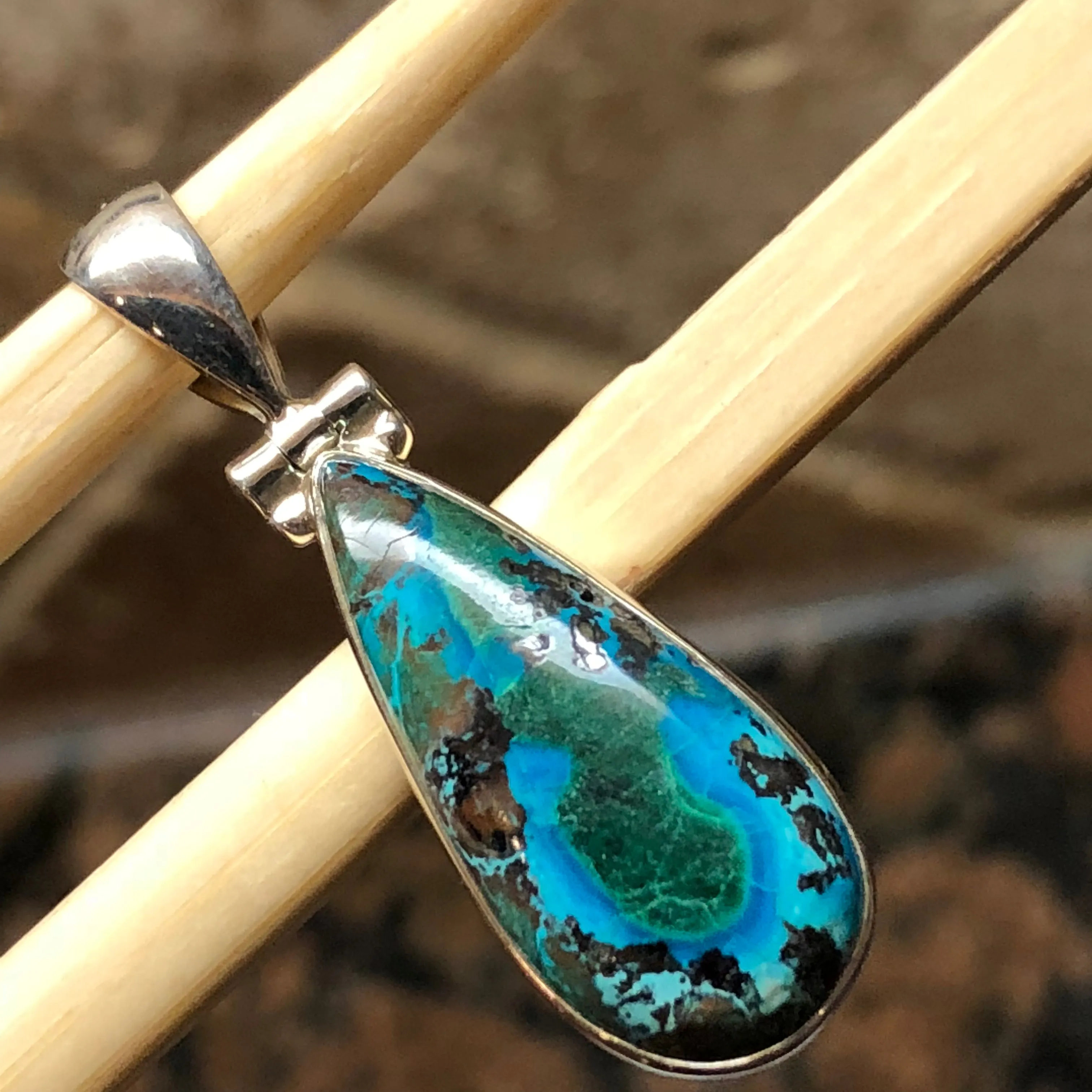 Natural Malachite in Azurite 925 Solid Sterling Silver Pendant 35mm