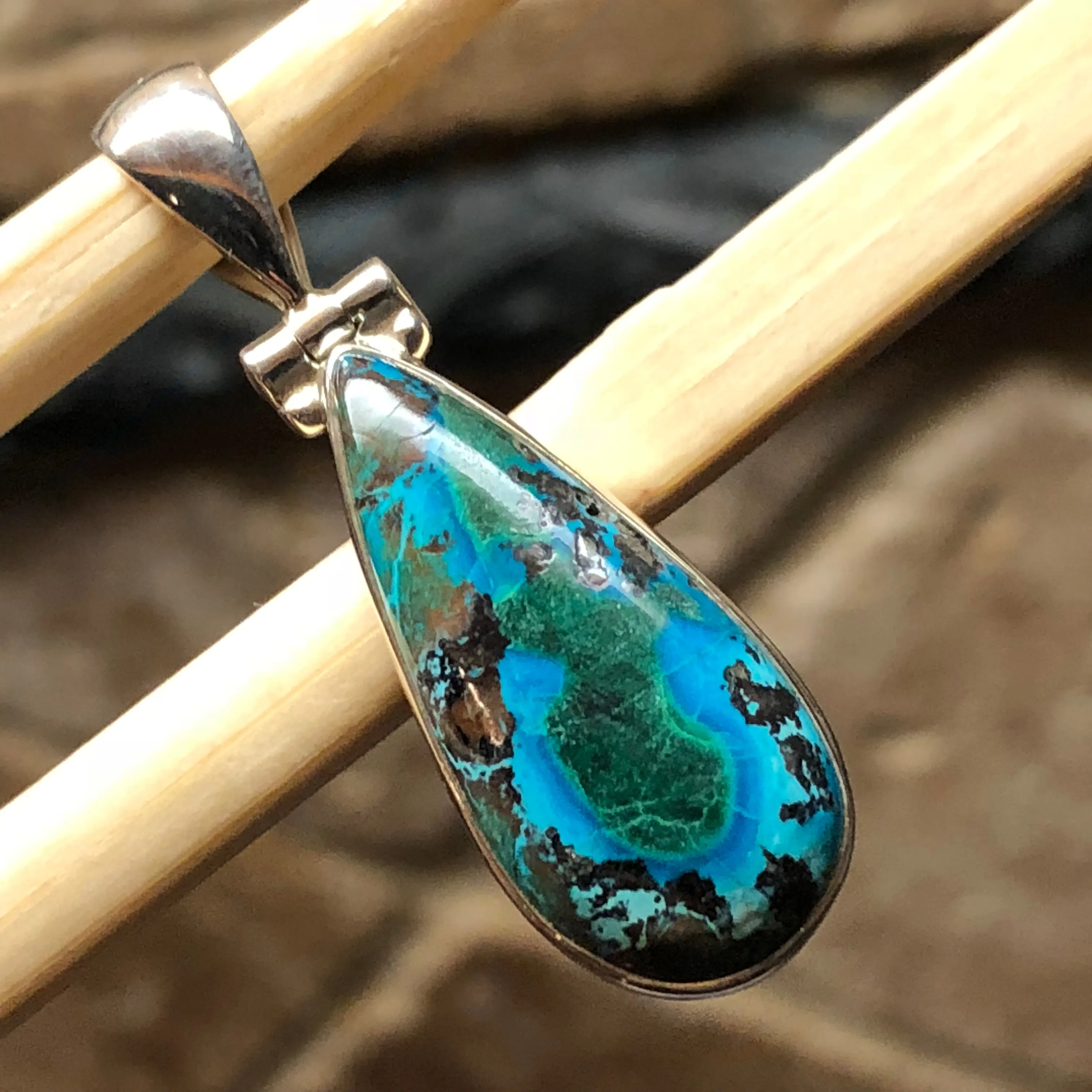 Natural Malachite in Azurite 925 Solid Sterling Silver Pendant 35mm