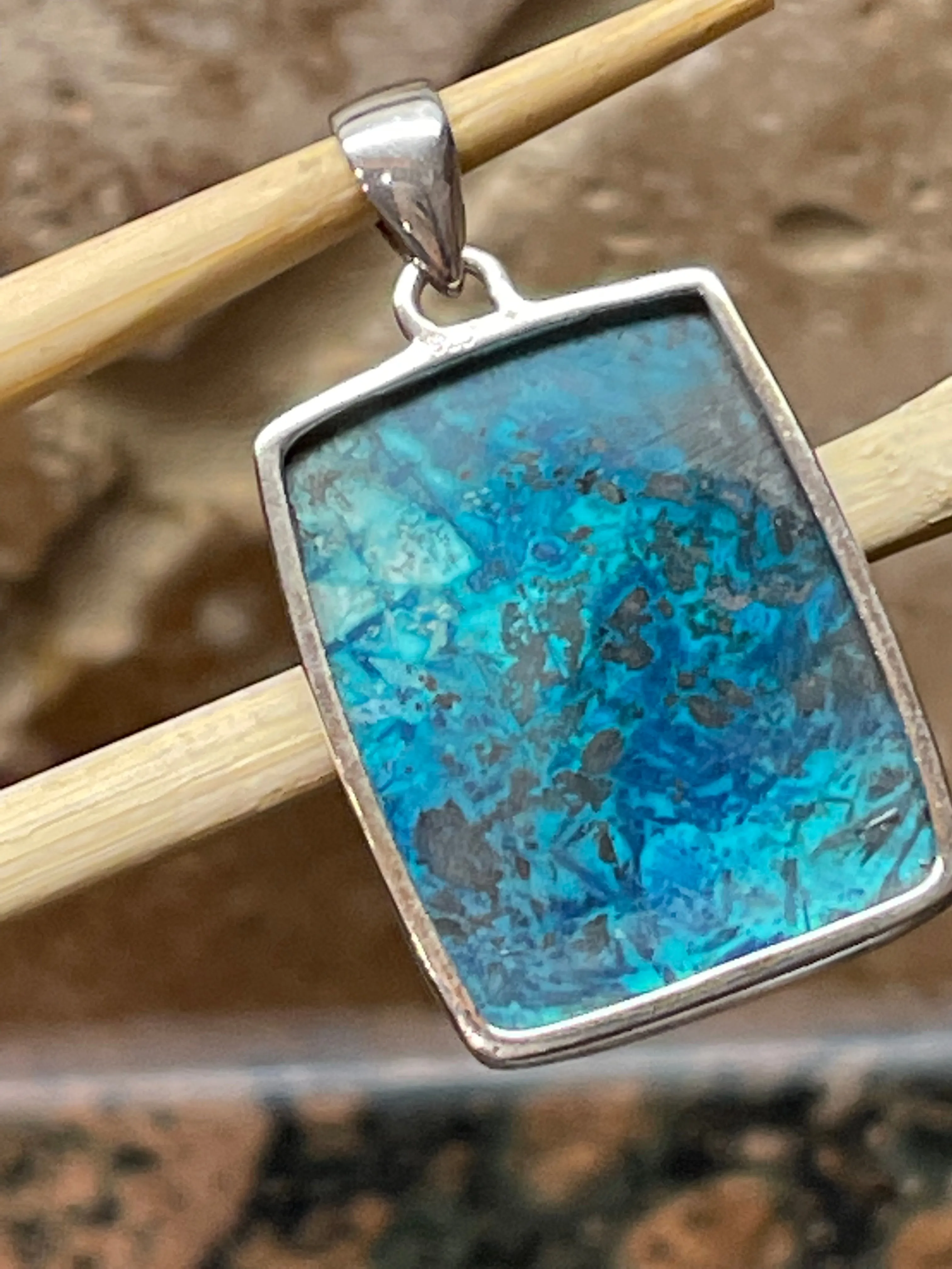 Natural Malachite in Azurite 925 Solid Sterling Silver Pendant 40mm