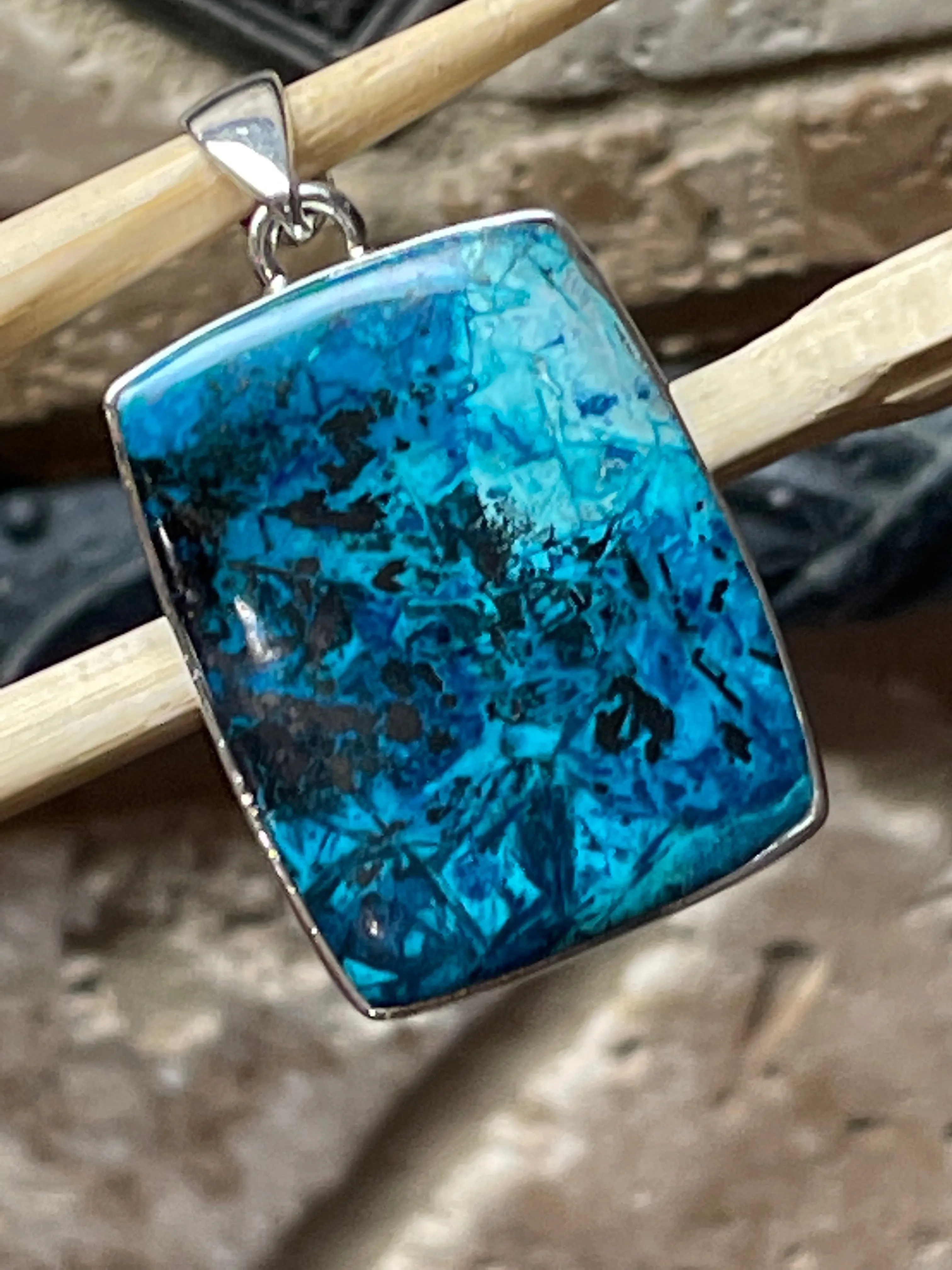 Natural Malachite in Azurite 925 Solid Sterling Silver Pendant 40mm