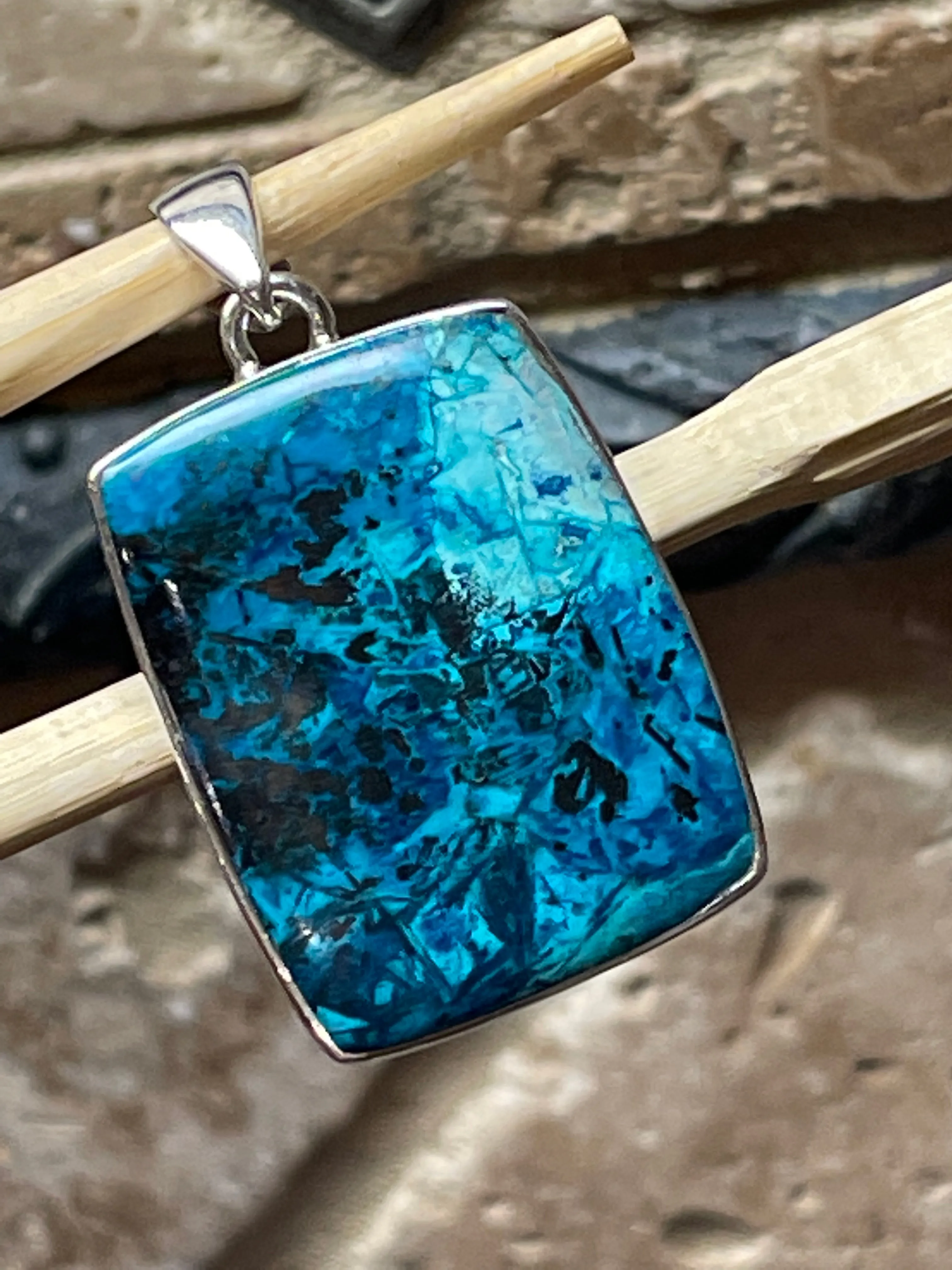 Natural Malachite in Azurite 925 Solid Sterling Silver Pendant 40mm