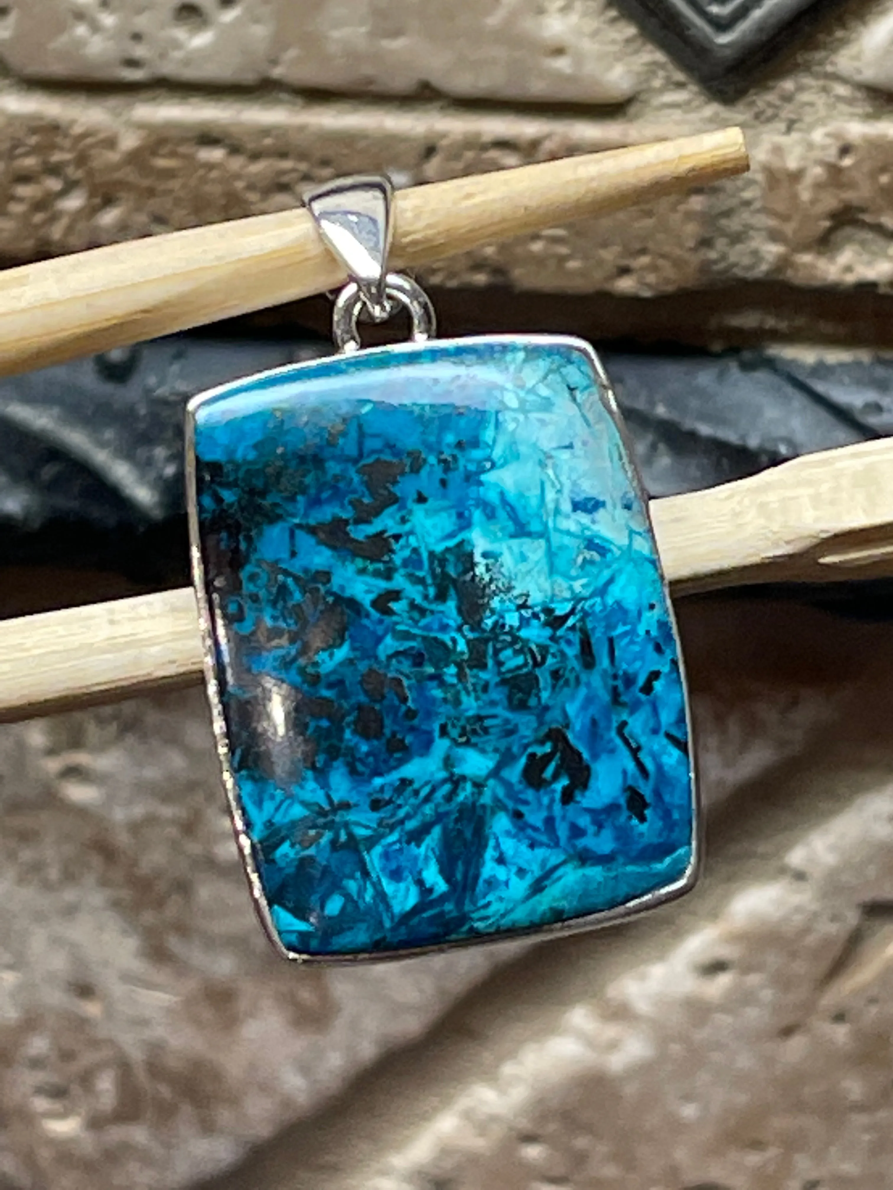 Natural Malachite in Azurite 925 Solid Sterling Silver Pendant 40mm