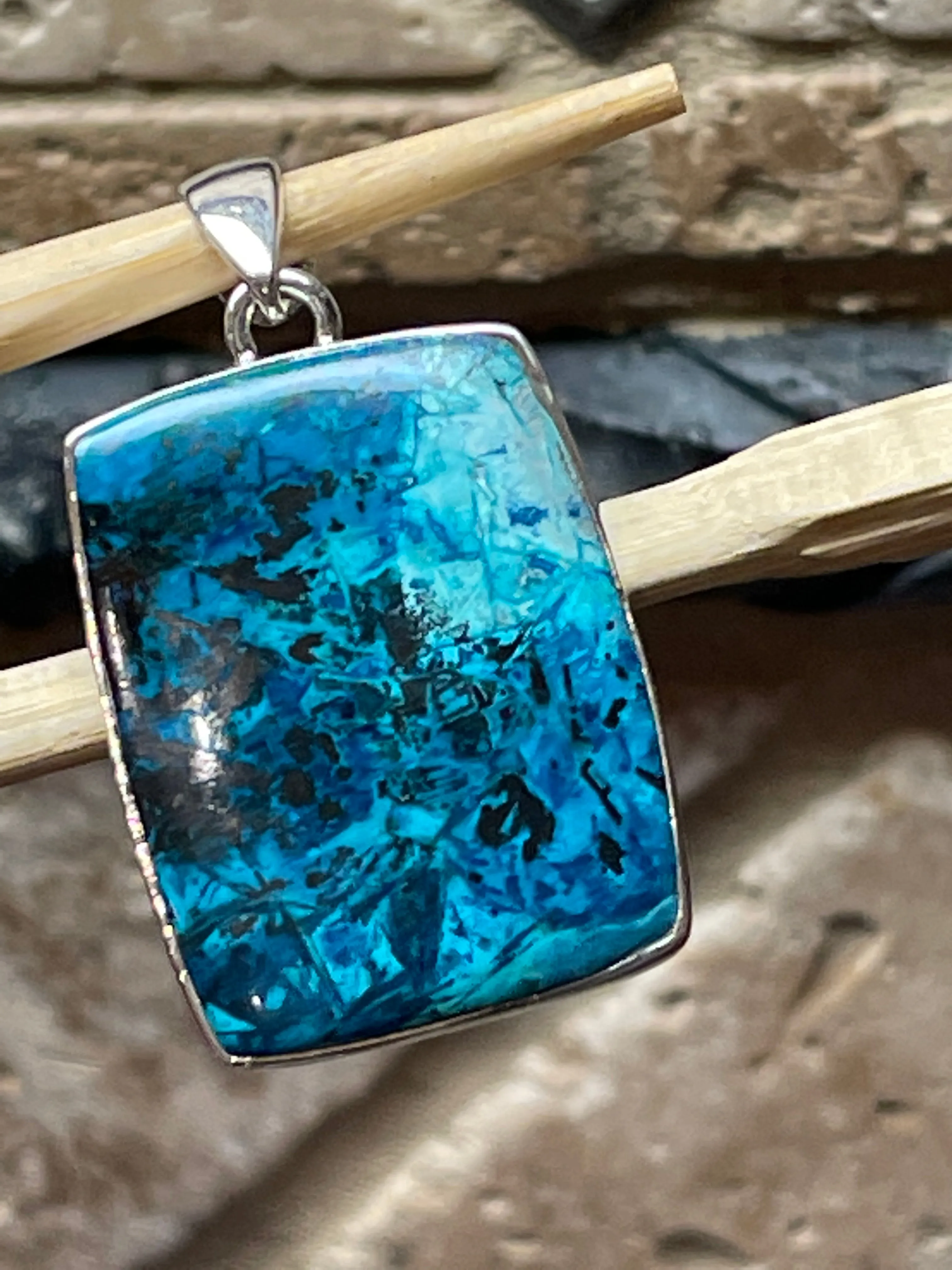 Natural Malachite in Azurite 925 Solid Sterling Silver Pendant 40mm