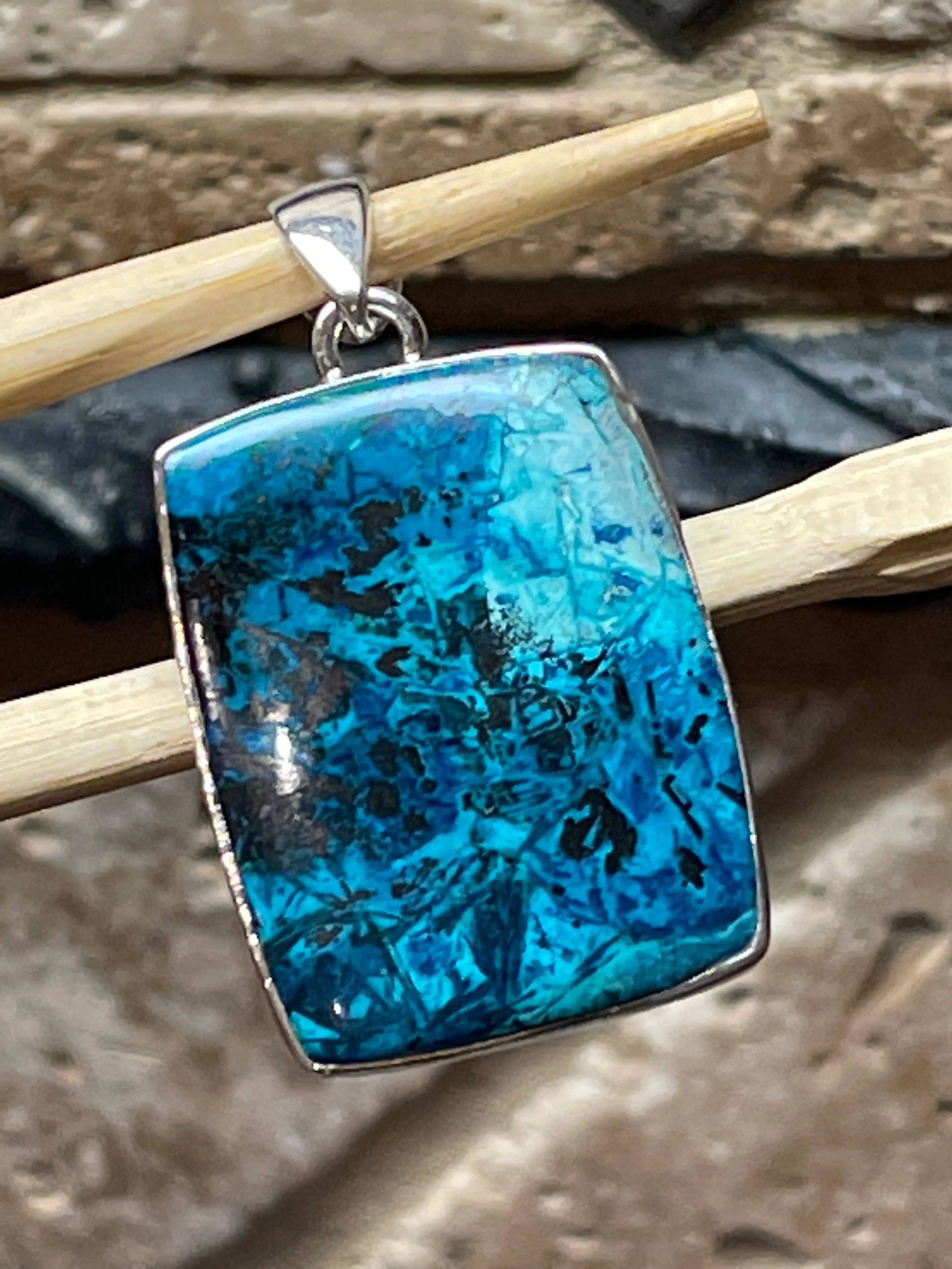 Natural Malachite in Azurite 925 Solid Sterling Silver Pendant 40mm