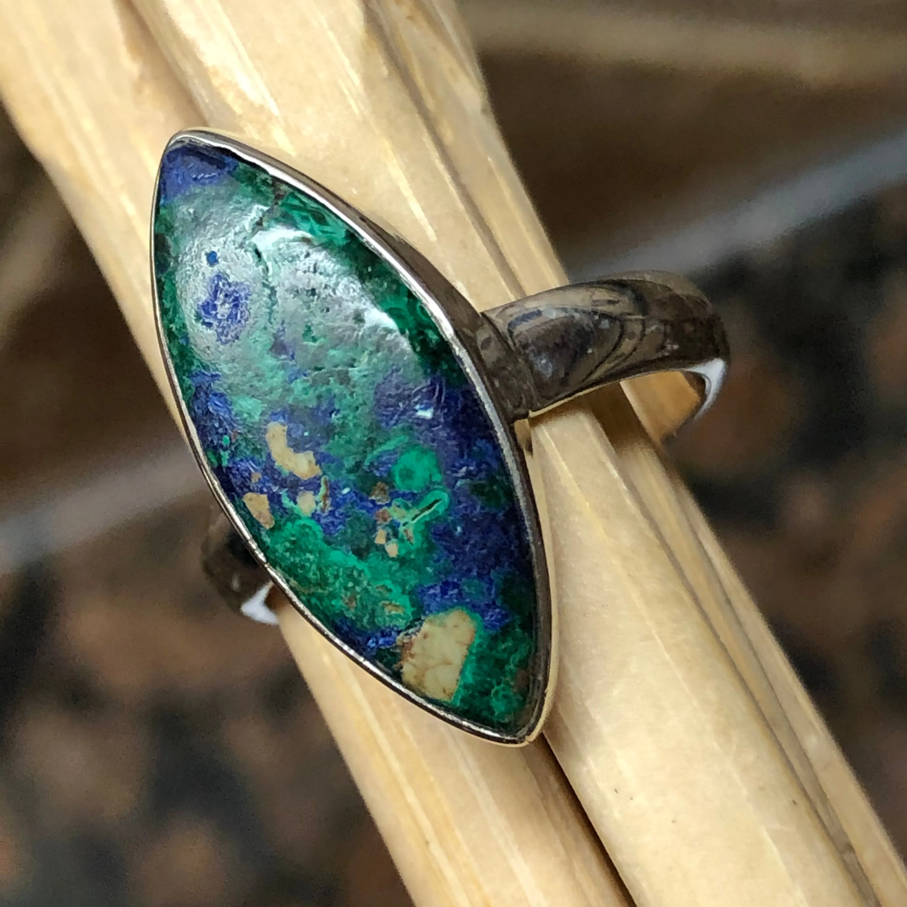 Natural Malachite in Azurite 925 Solid Sterling Silver Ring Size 6.5