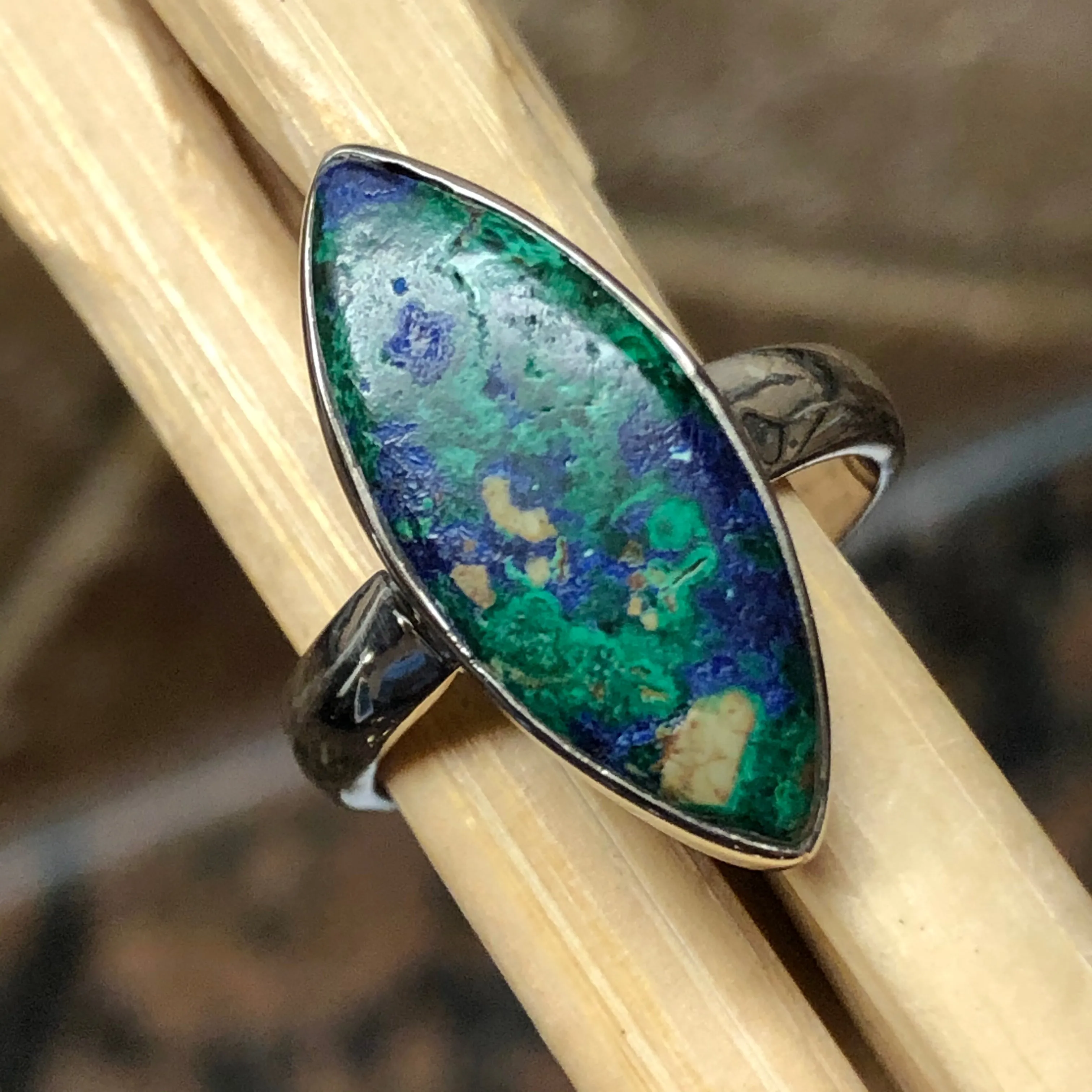 Natural Malachite in Azurite 925 Solid Sterling Silver Ring Size 6.5