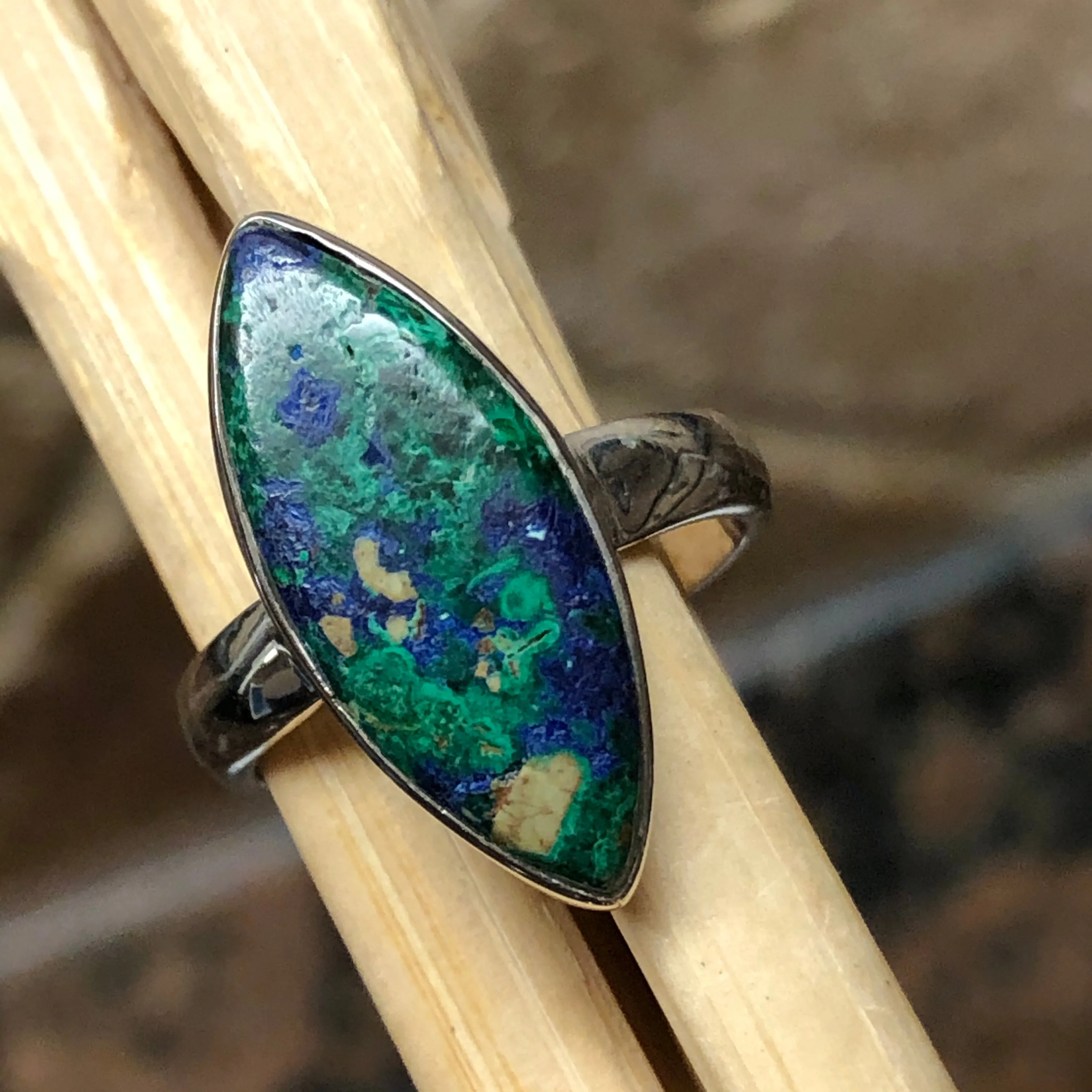 Natural Malachite in Azurite 925 Solid Sterling Silver Ring Size 6.5