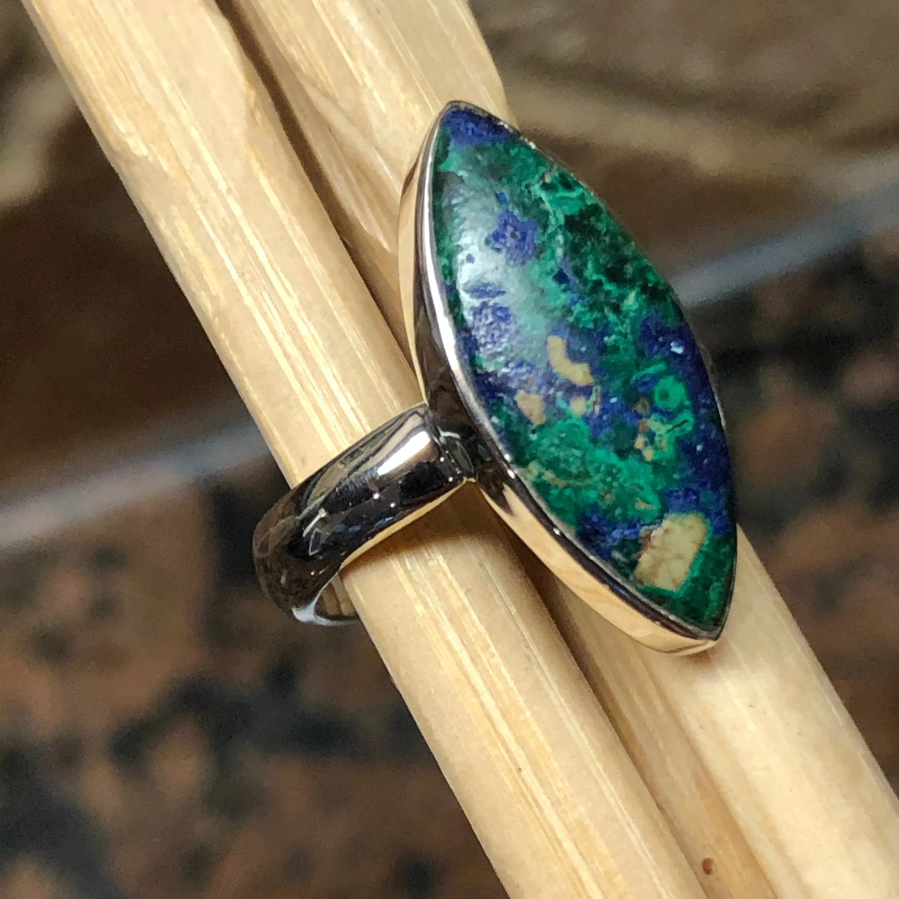 Natural Malachite in Azurite 925 Solid Sterling Silver Ring Size 6.5