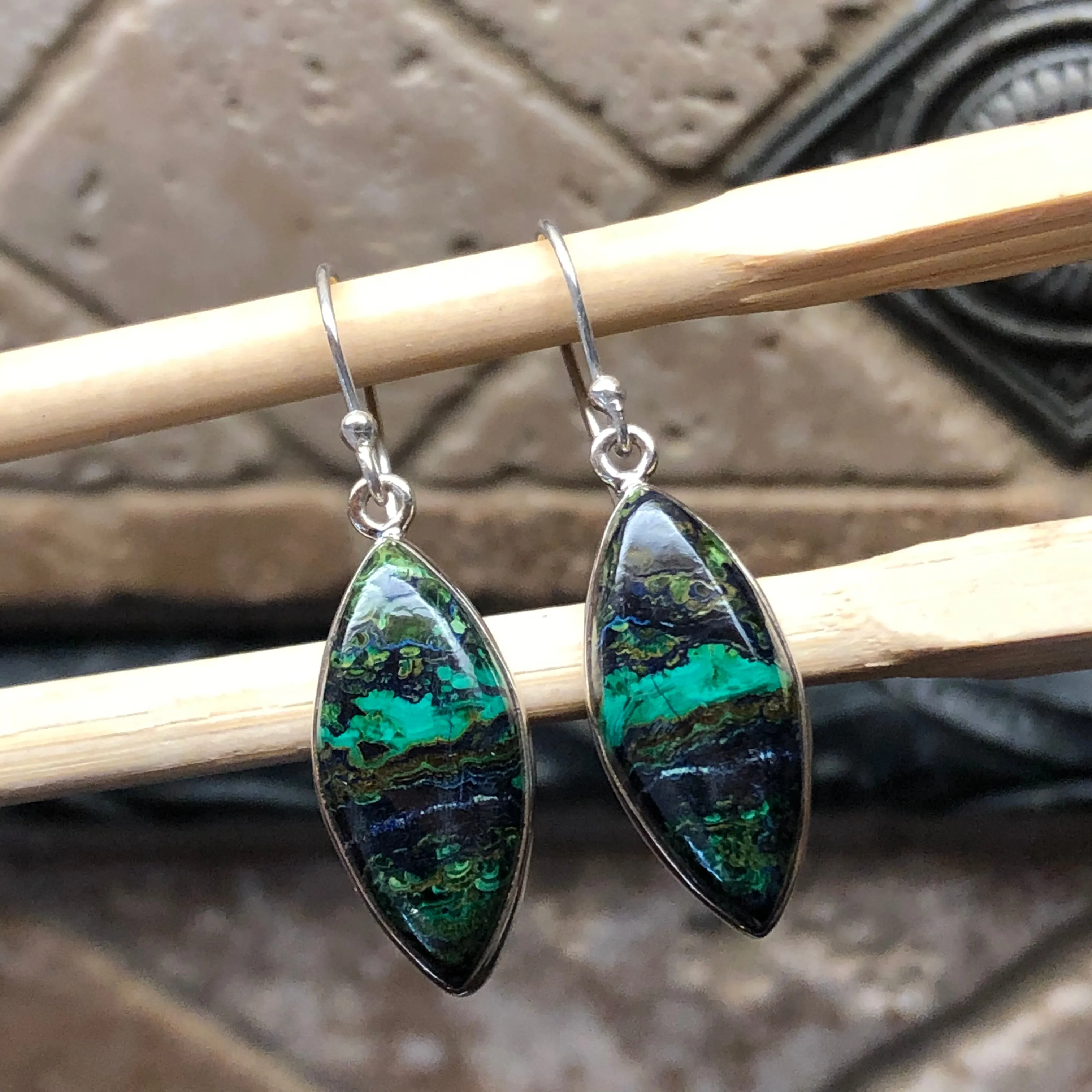 Natural Malachite in Azurite 925 Sterling Silver Earrings 35mm