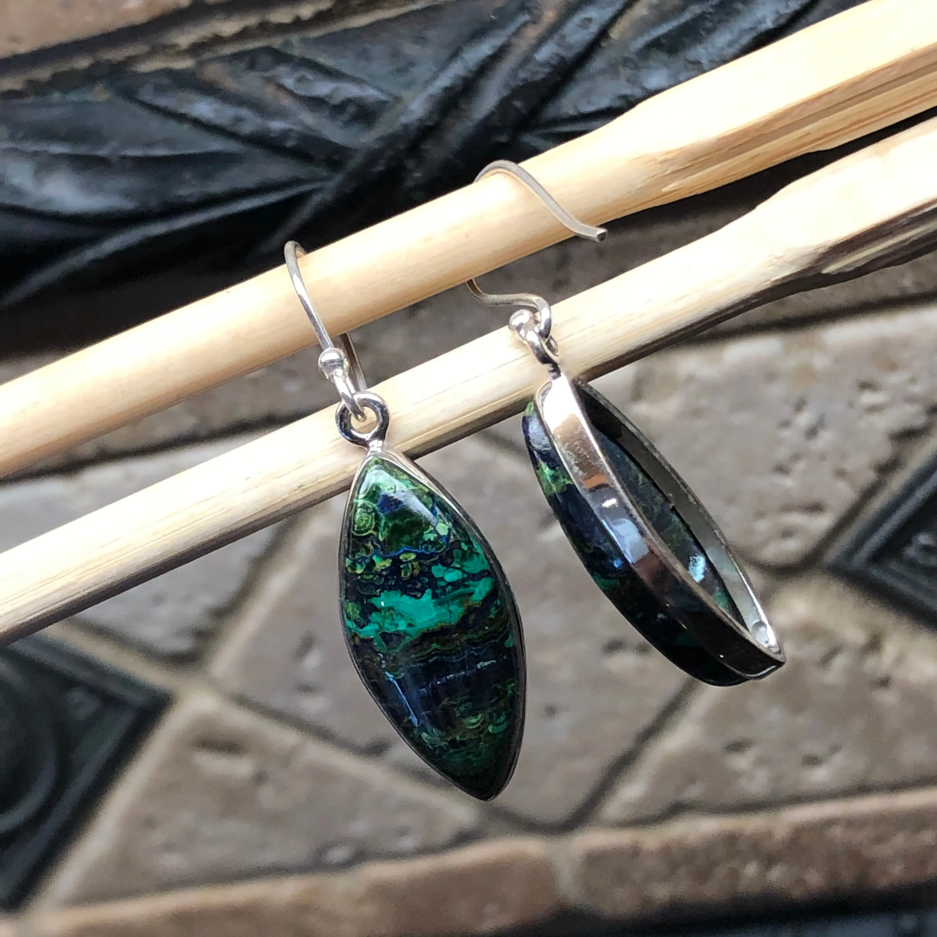 Natural Malachite in Azurite 925 Sterling Silver Earrings 35mm