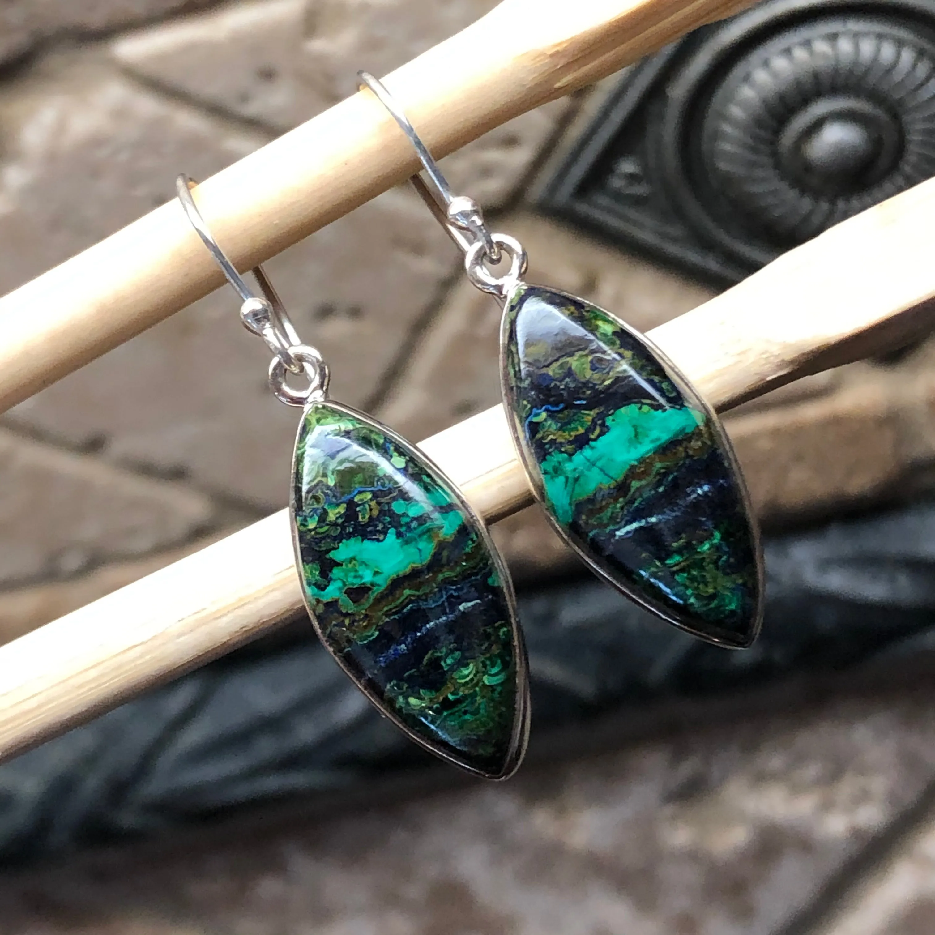 Natural Malachite in Azurite 925 Sterling Silver Earrings 35mm