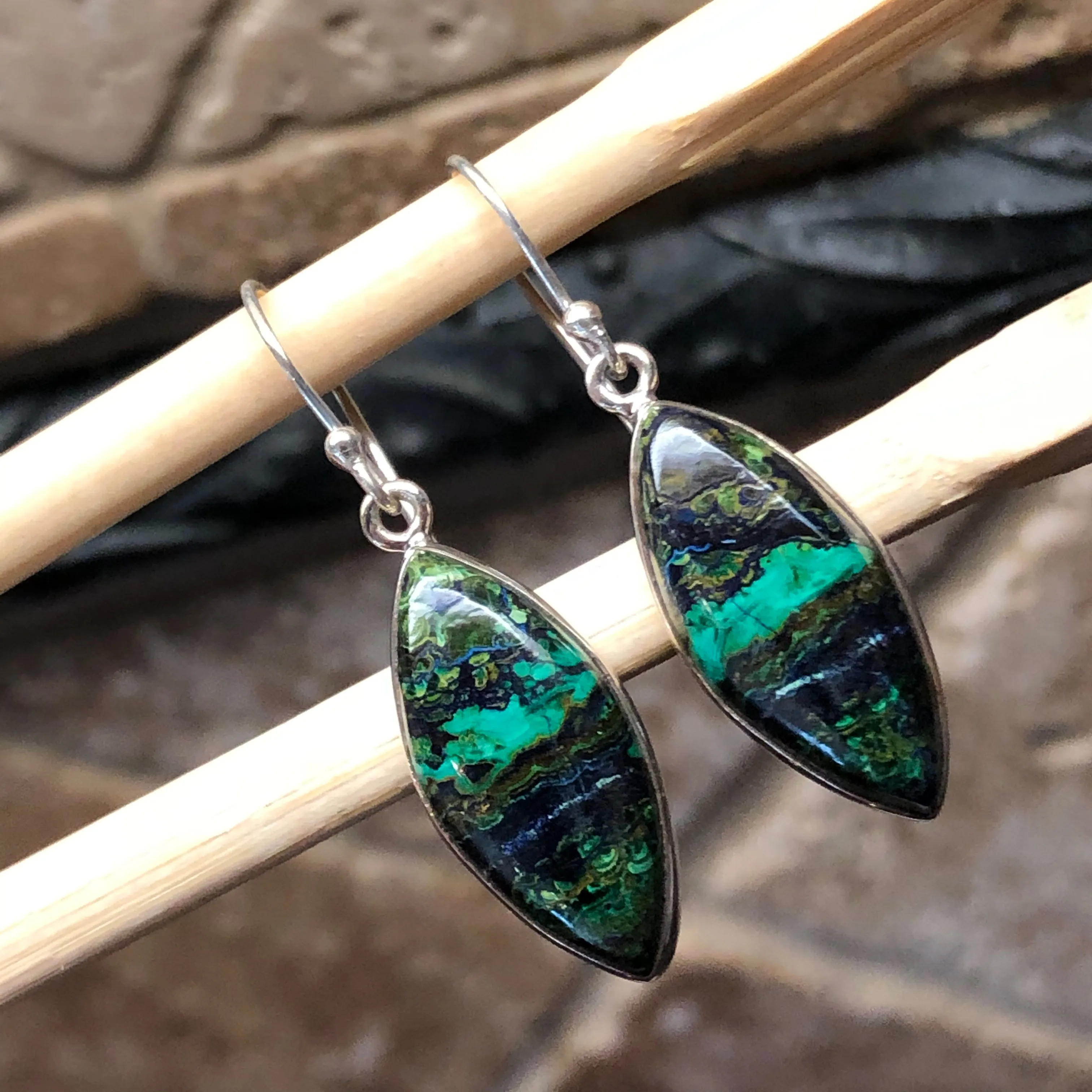 Natural Malachite in Azurite 925 Sterling Silver Earrings 35mm