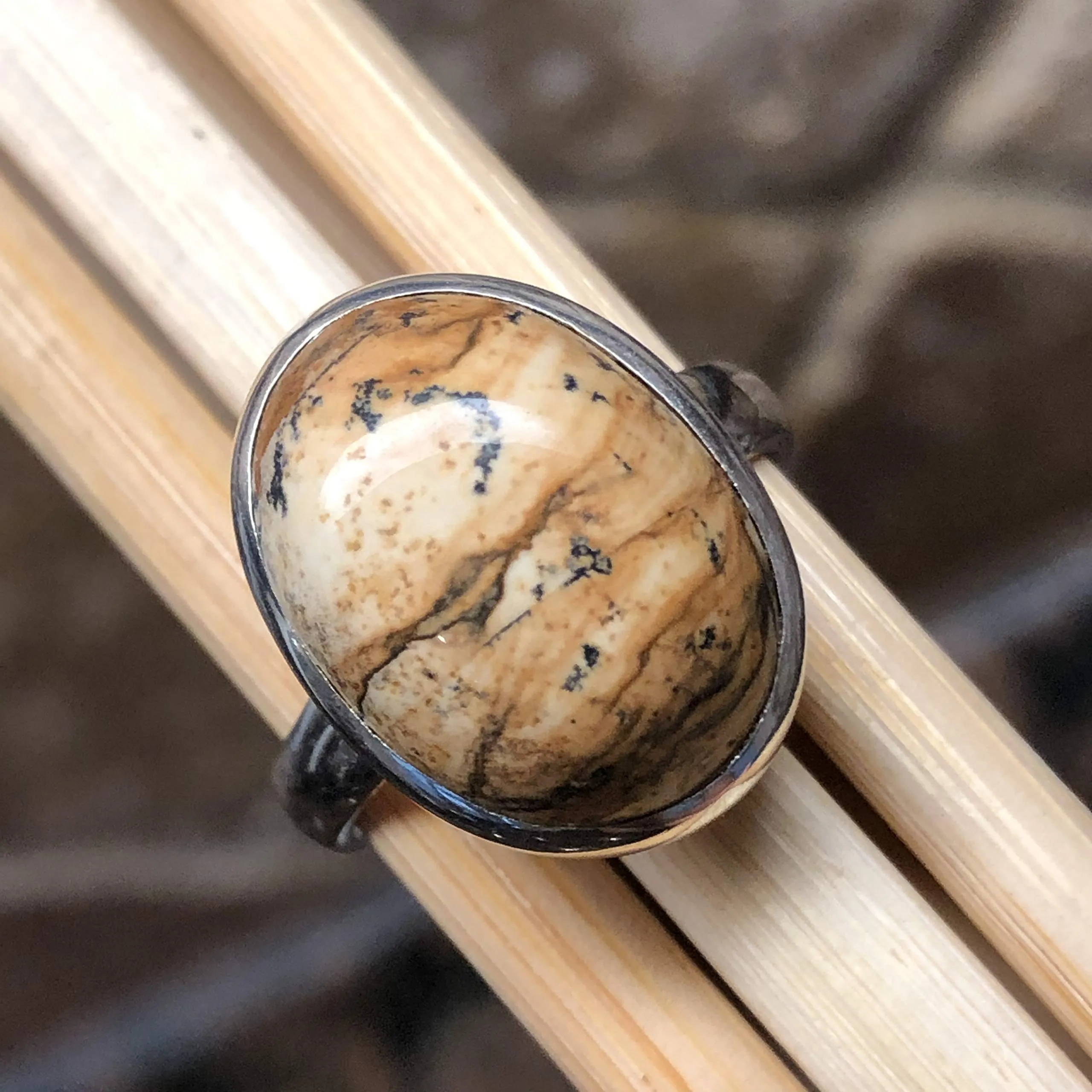 Natural Owyhee Picture Jasper 925 Solid Sterling Silver Ring Size 7.5