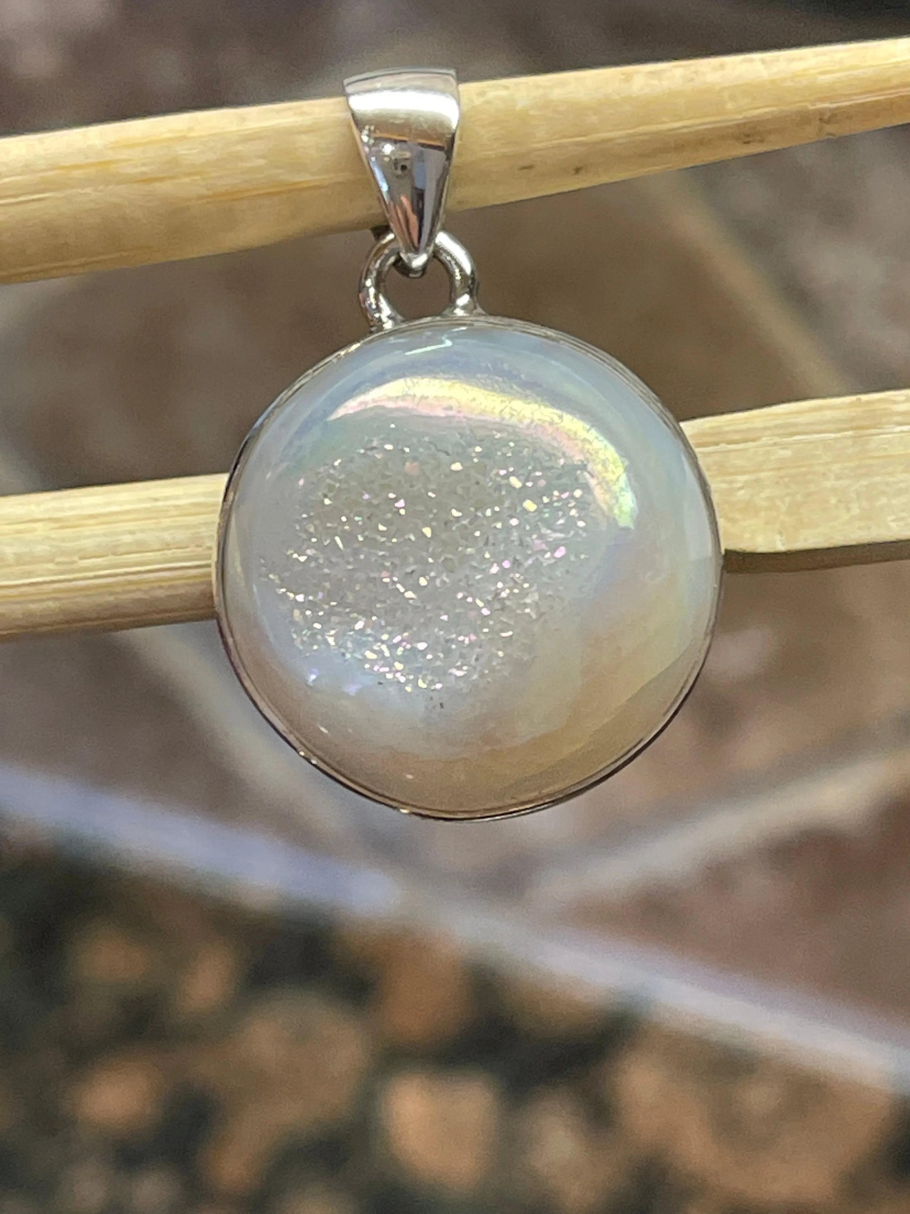 Natural Pearl Window Druzy 925 Solid Sterling Silver Pendant 30mm