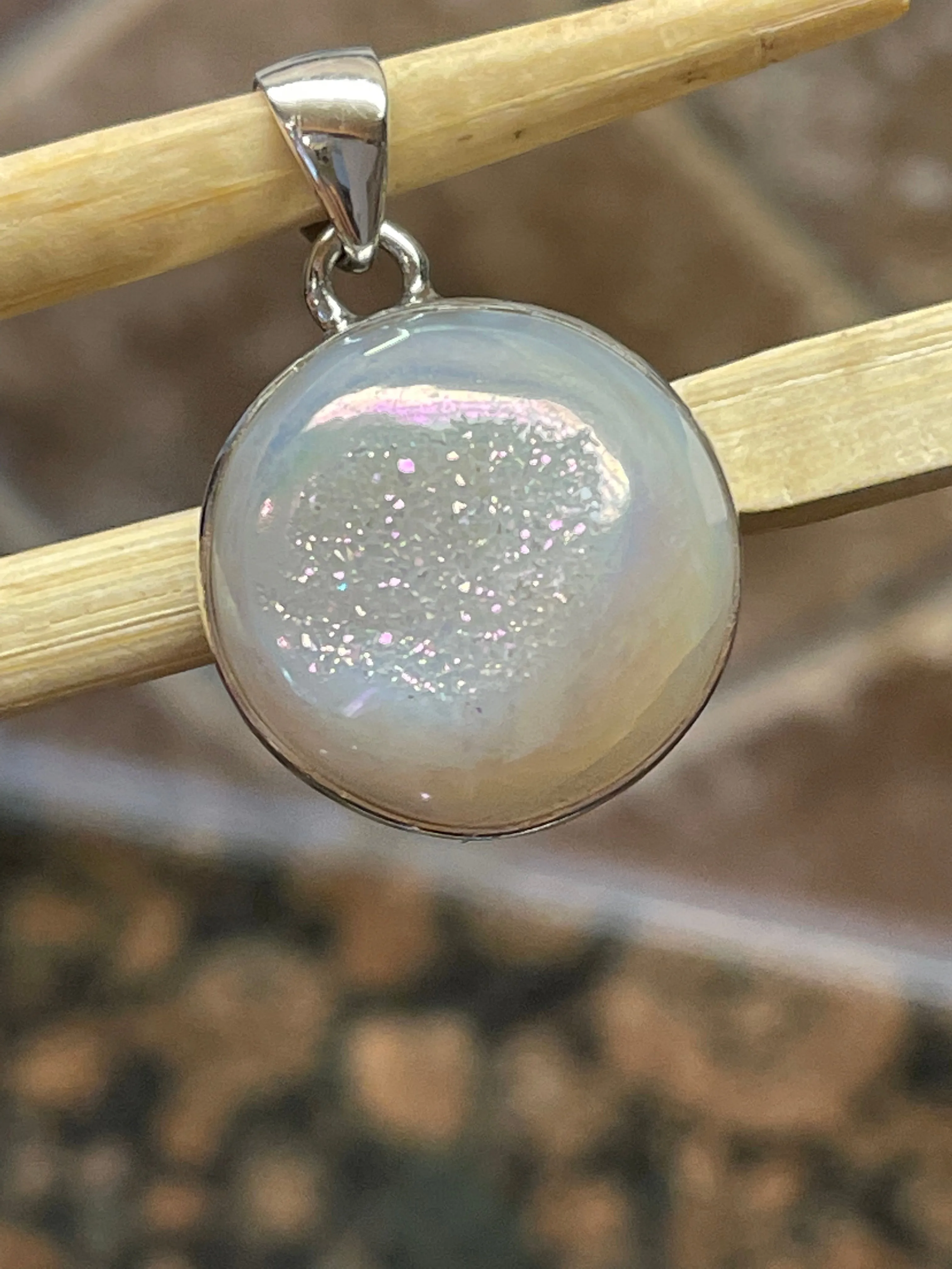Natural Pearl Window Druzy 925 Solid Sterling Silver Pendant 30mm