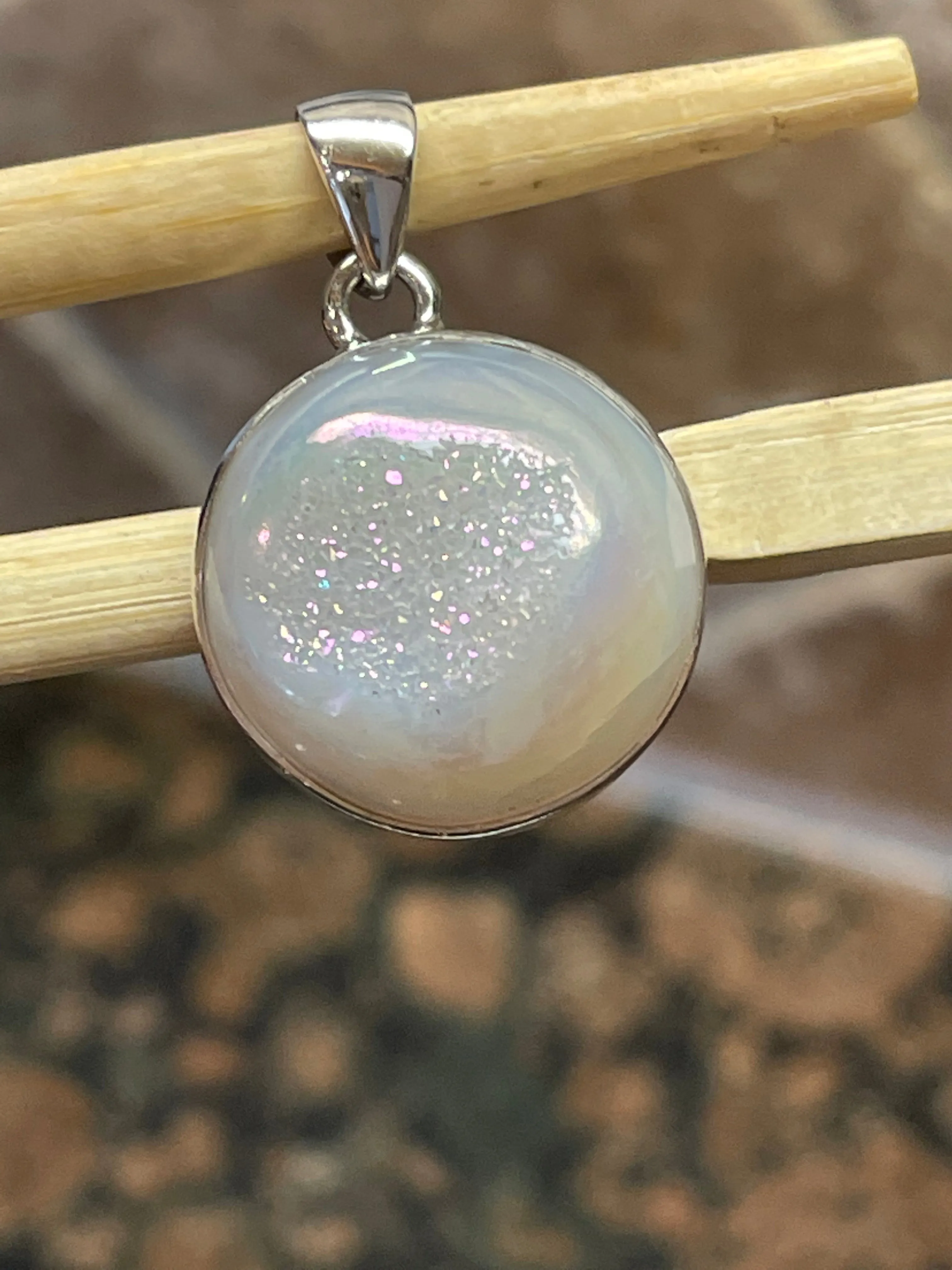 Natural Pearl Window Druzy 925 Solid Sterling Silver Pendant 30mm