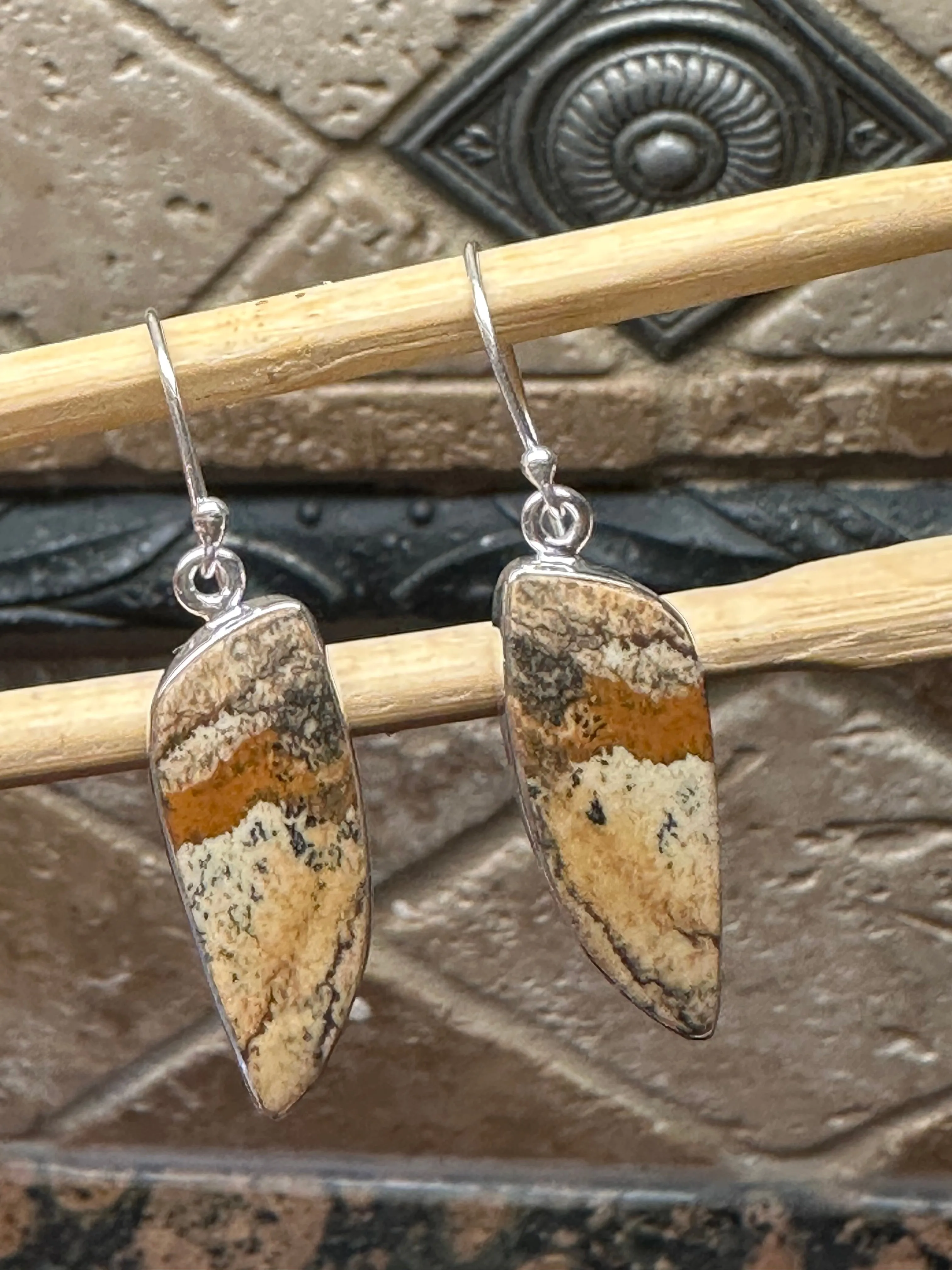 Natural Picture Jasper 925 Solid Sterling Silver American Landscape Earrings 40mm