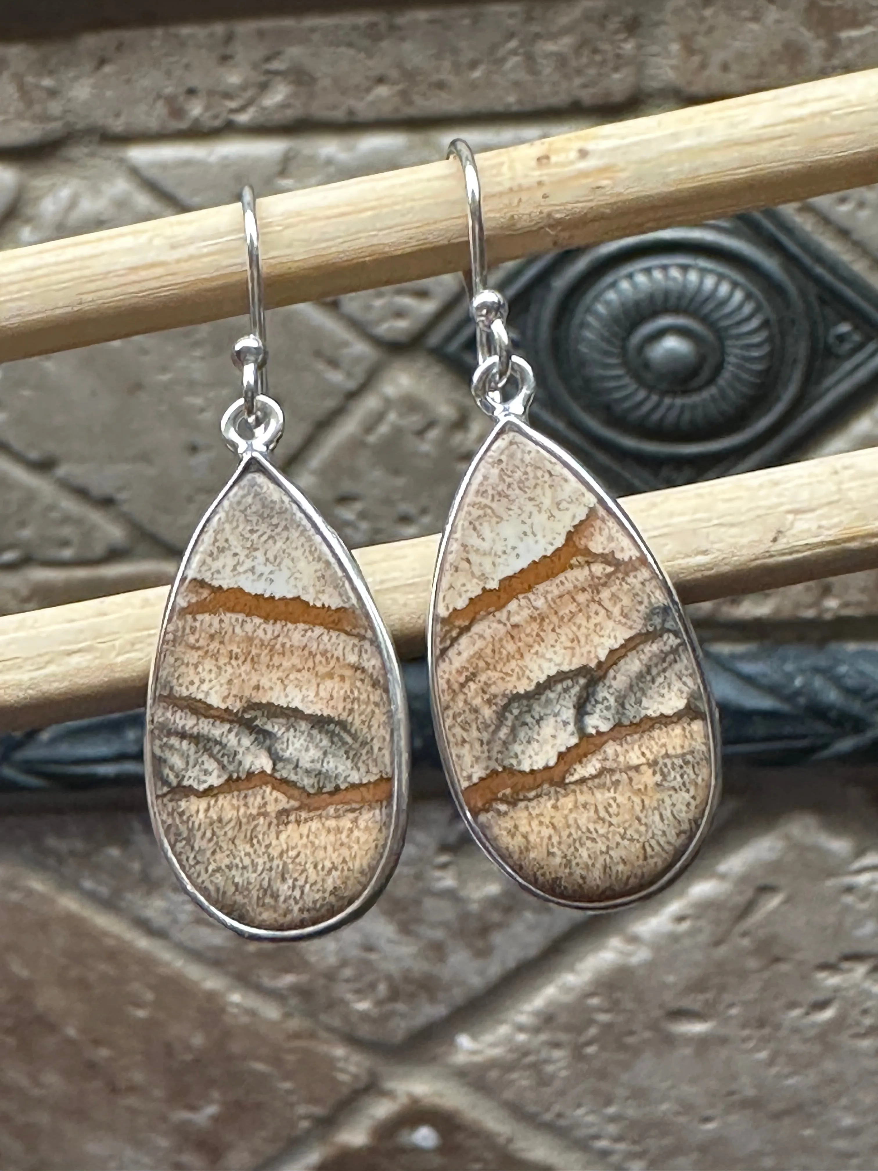 Natural Picture Jasper 925 Solid Sterling Silver American Landscape Earrings 40mm