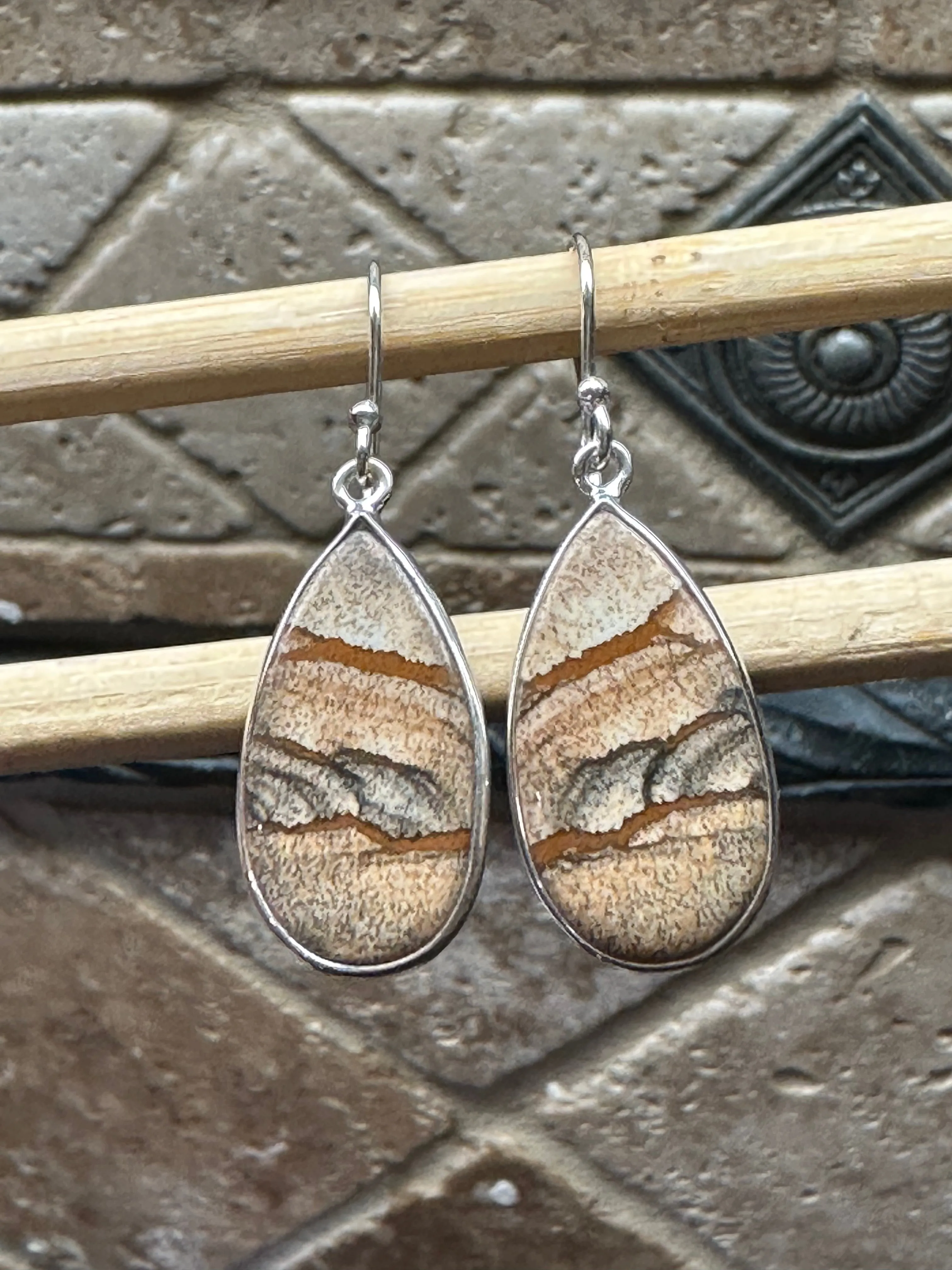 Natural Picture Jasper 925 Solid Sterling Silver American Landscape Earrings 40mm