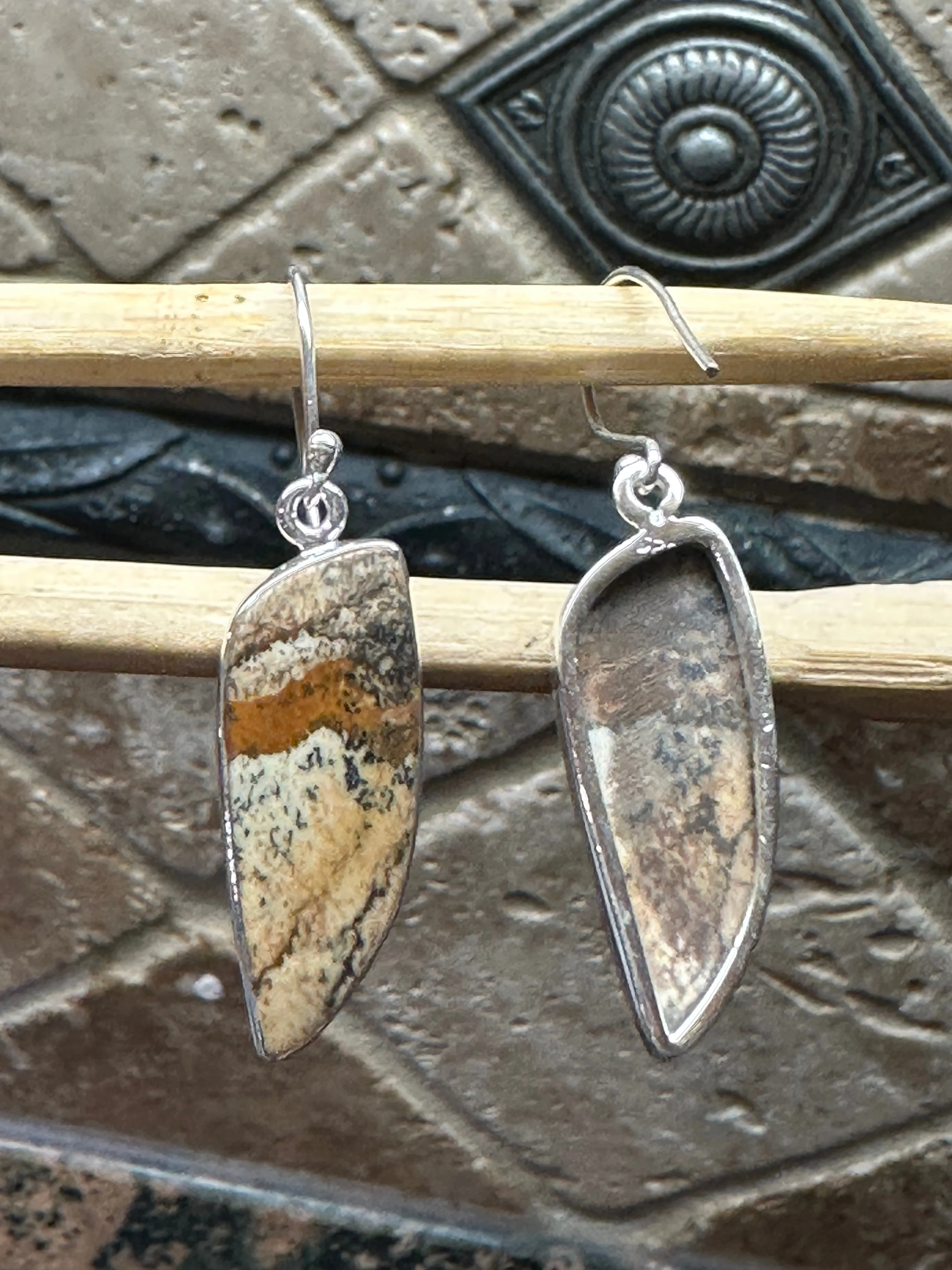 Natural Picture Jasper 925 Solid Sterling Silver American Landscape Earrings 40mm