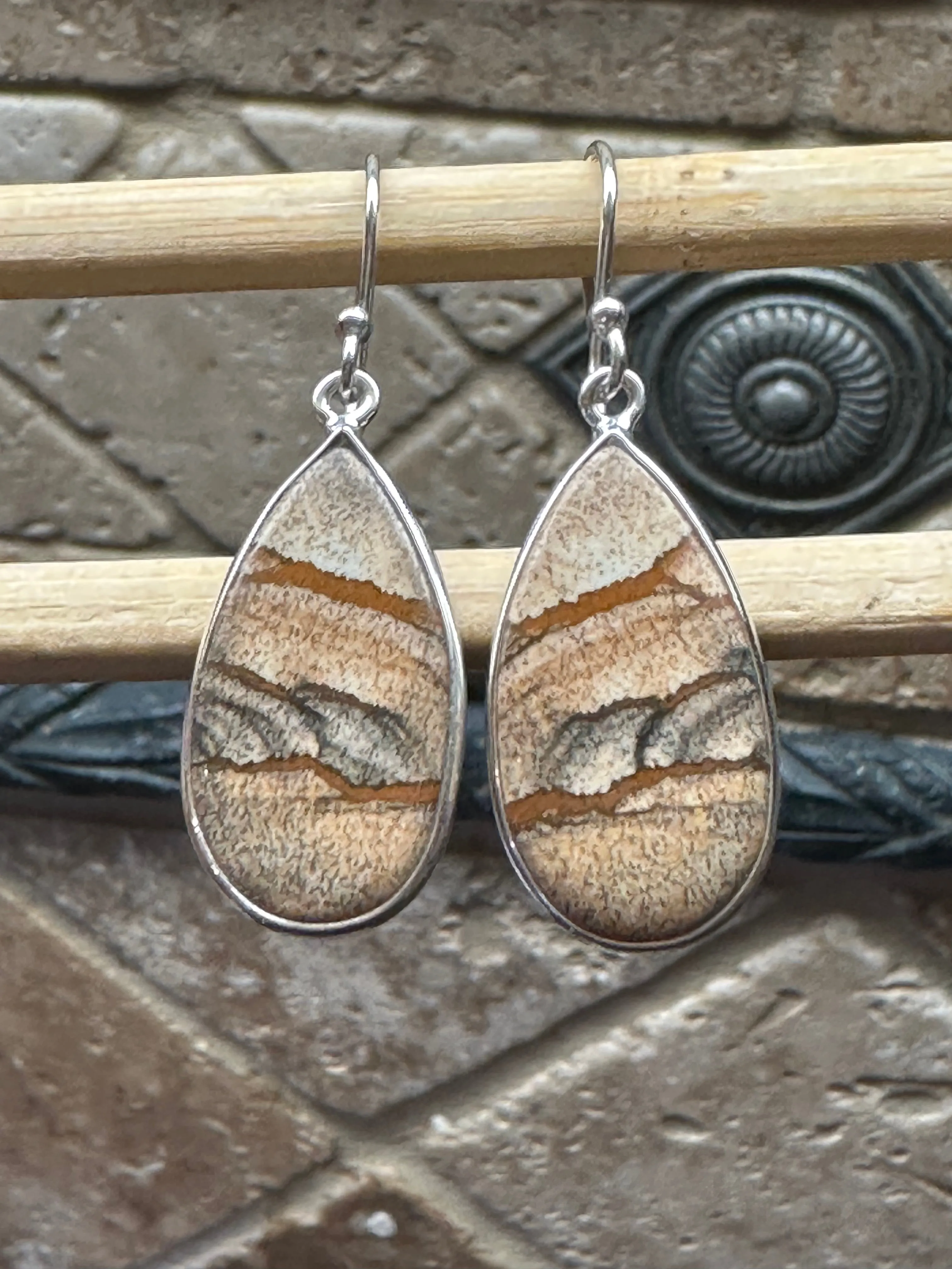 Natural Picture Jasper 925 Solid Sterling Silver American Landscape Earrings 40mm