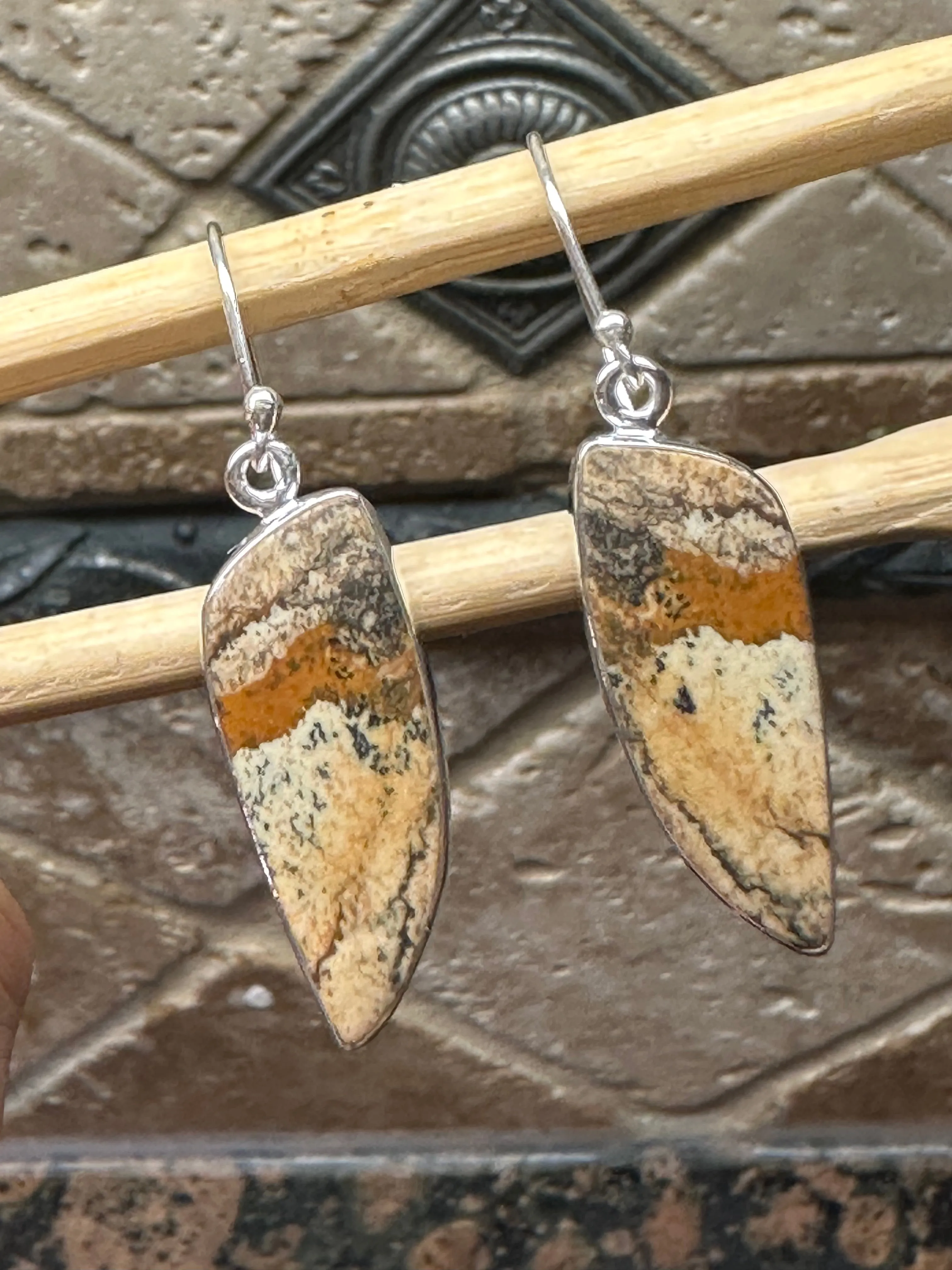 Natural Picture Jasper 925 Solid Sterling Silver American Landscape Earrings 40mm