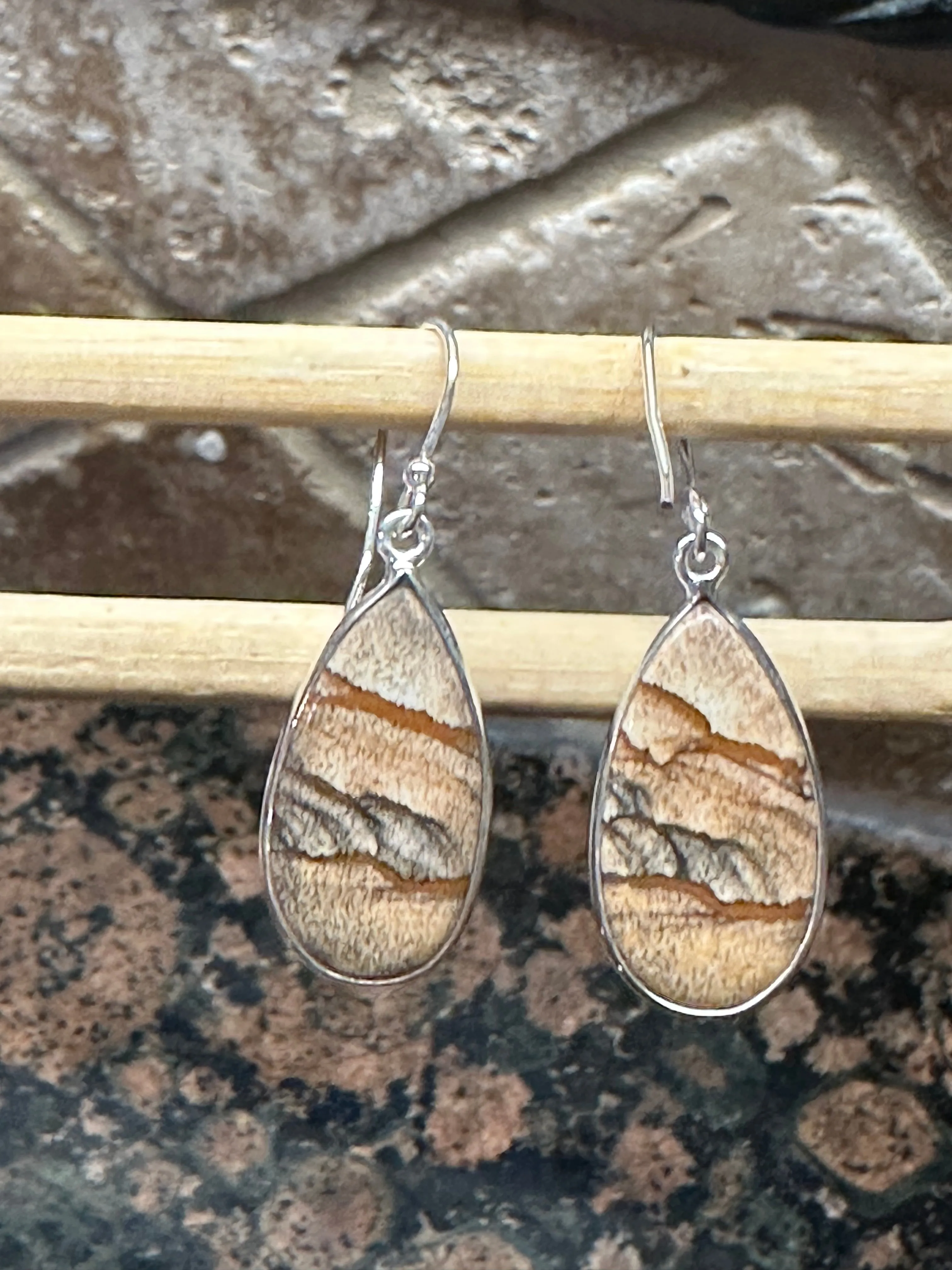 Natural Picture Jasper 925 Solid Sterling Silver American Landscape Earrings 40mm