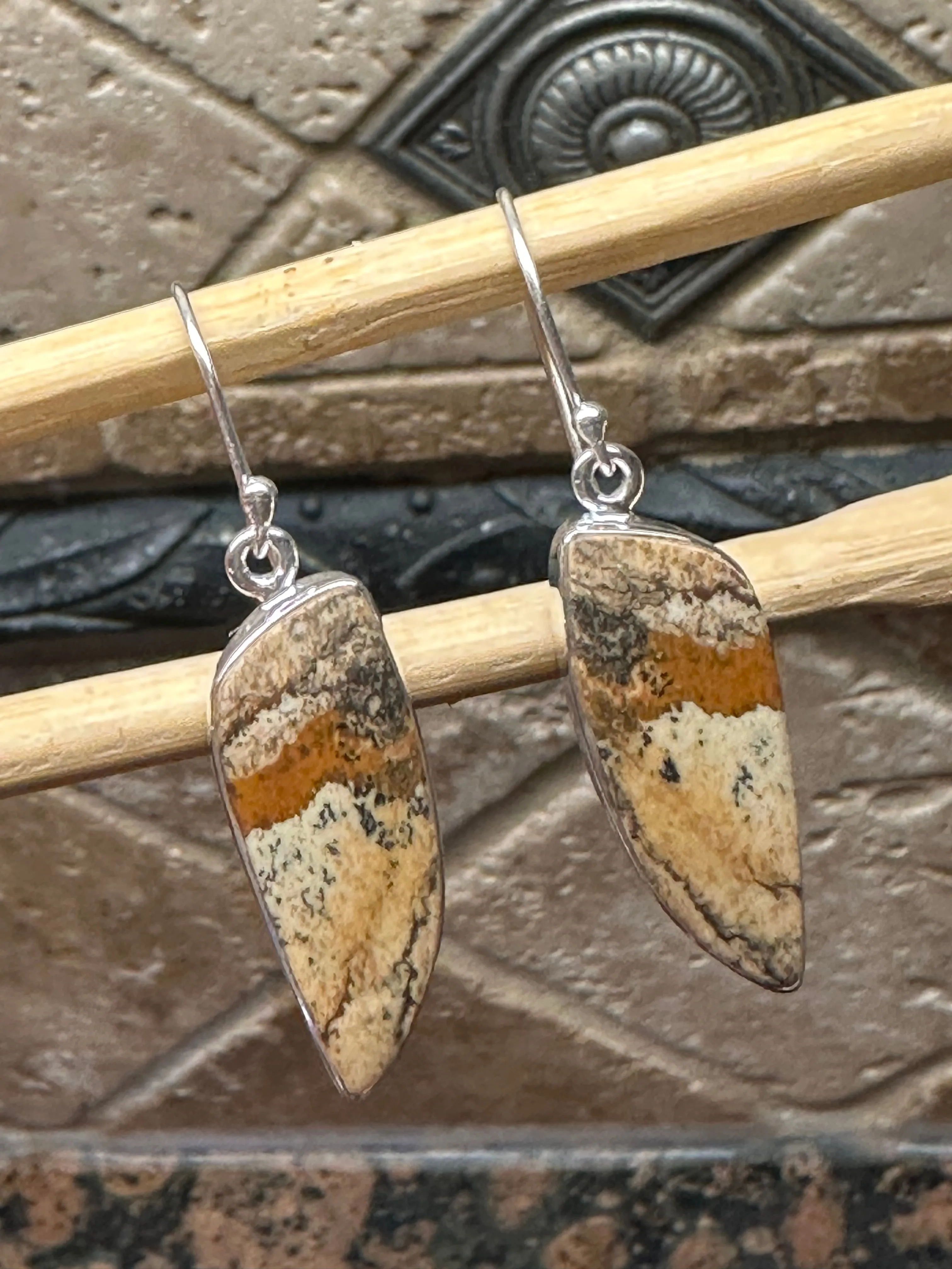 Natural Picture Jasper 925 Solid Sterling Silver American Landscape Earrings 40mm