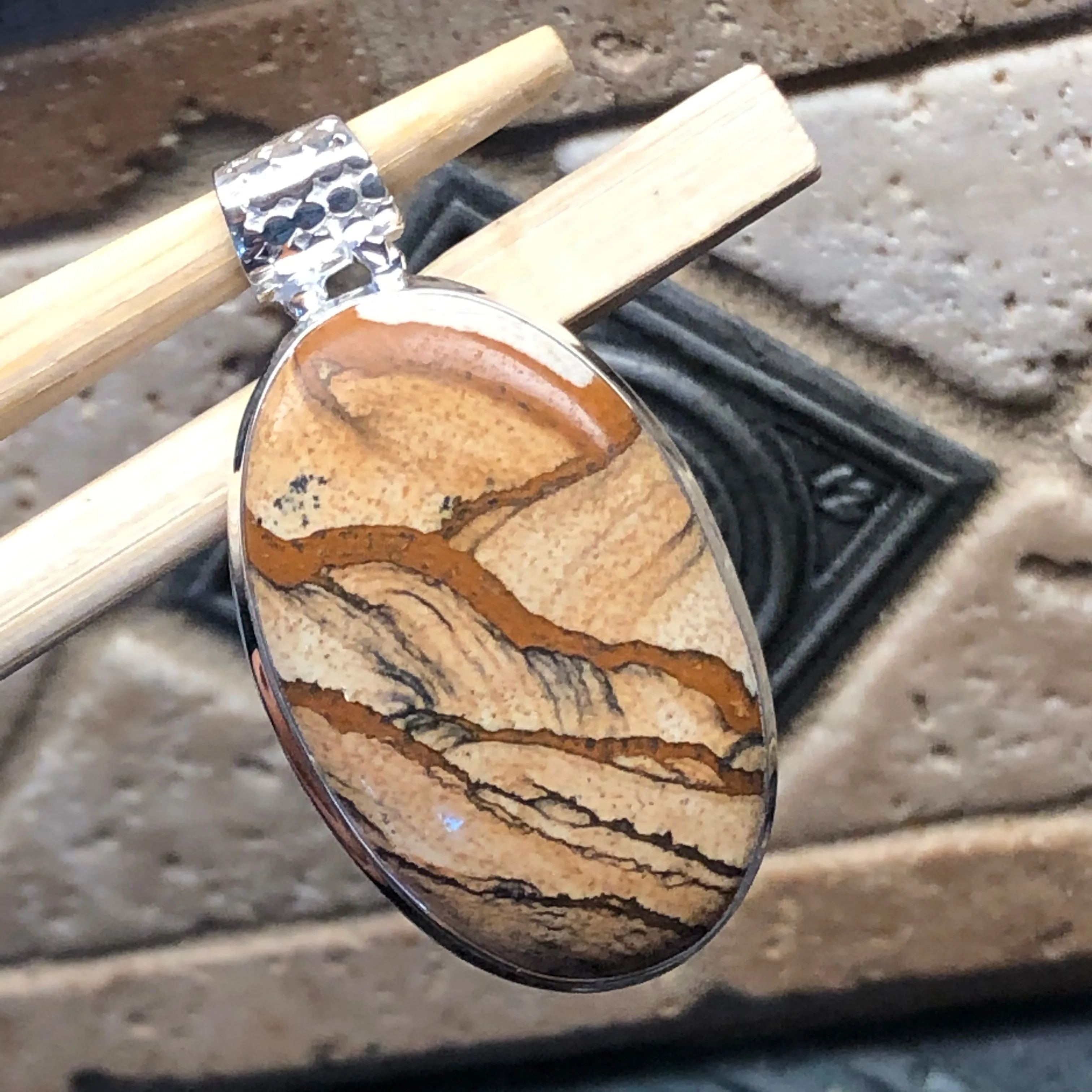 Natural Picture Jasper 925 Solid Sterling Silver American Landscape Pendant 45mm