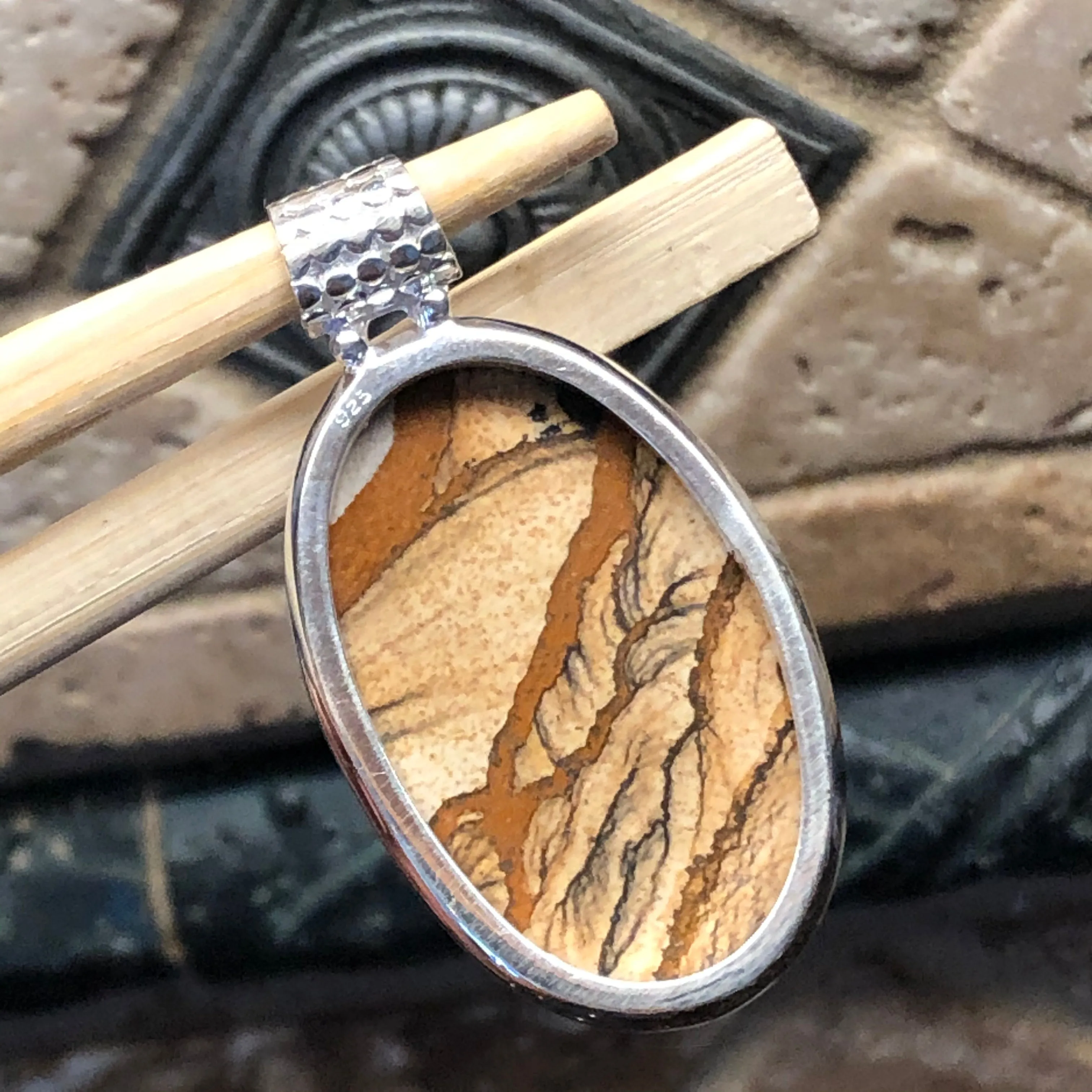Natural Picture Jasper 925 Solid Sterling Silver American Landscape Pendant 45mm