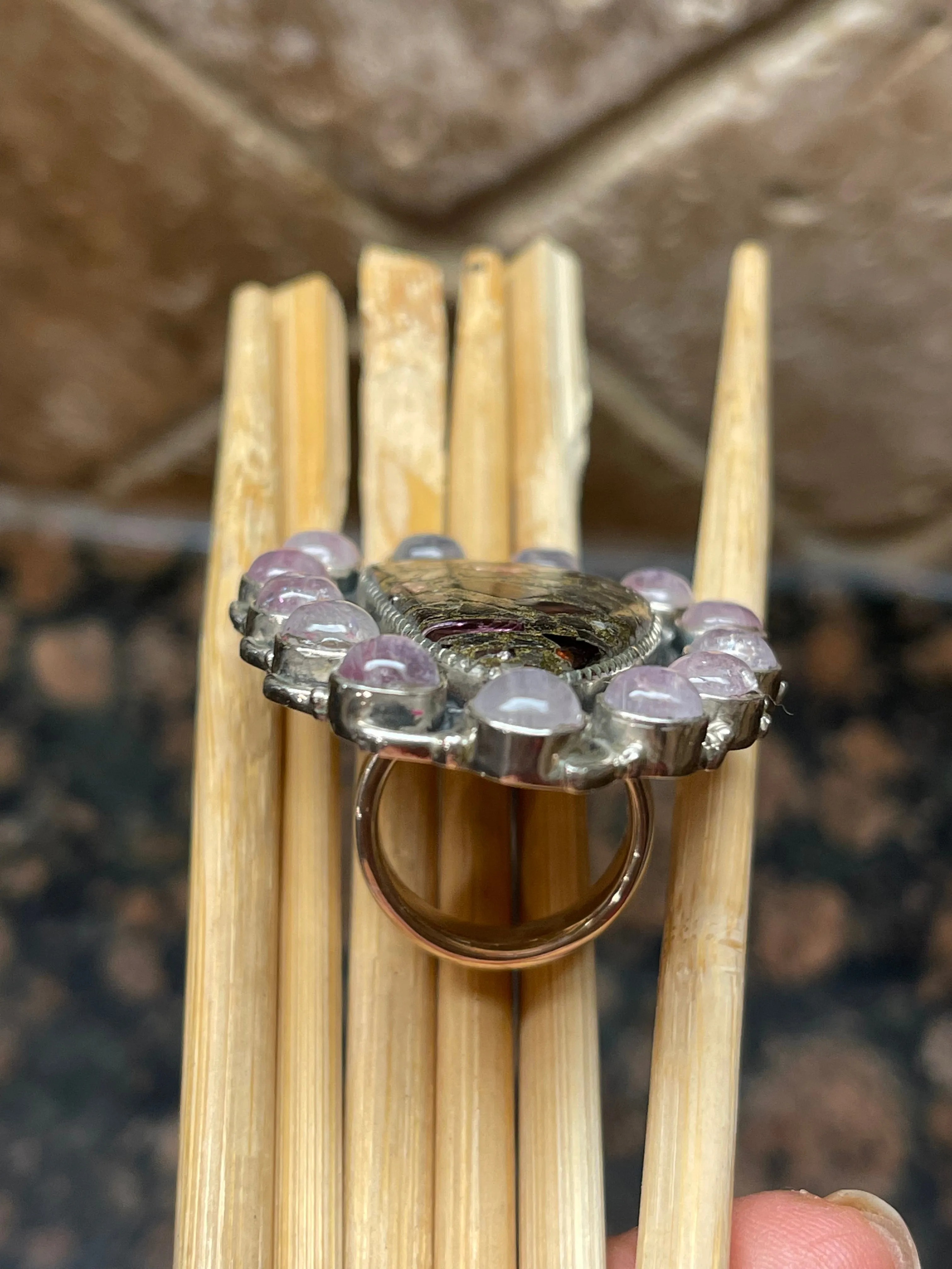 Natural Pink Moonstone, Garnet in Pyrite 925 Solid Sterling Silver Ring Size 7