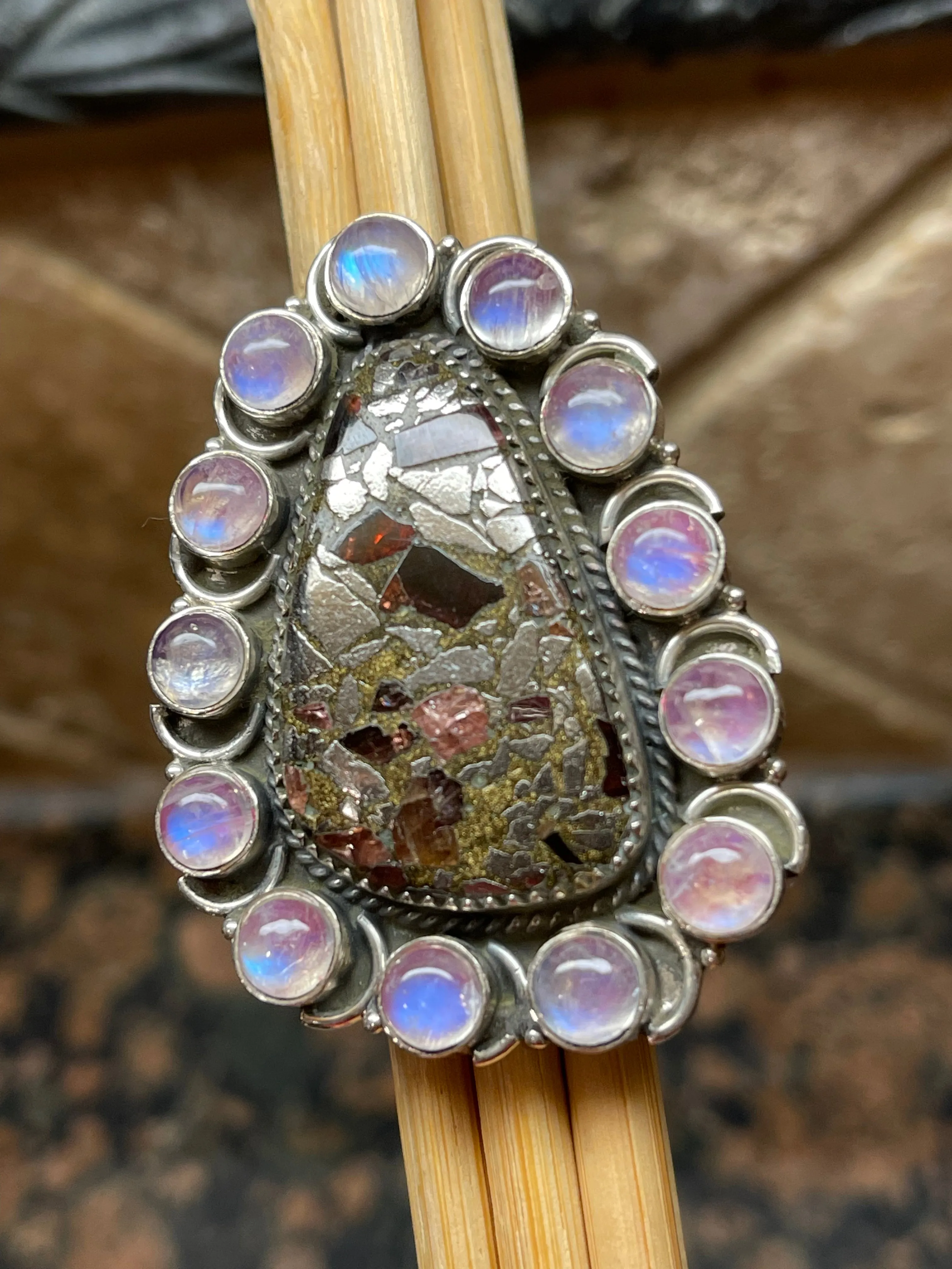 Natural Pink Moonstone, Garnet in Pyrite 925 Solid Sterling Silver Ring Size 7
