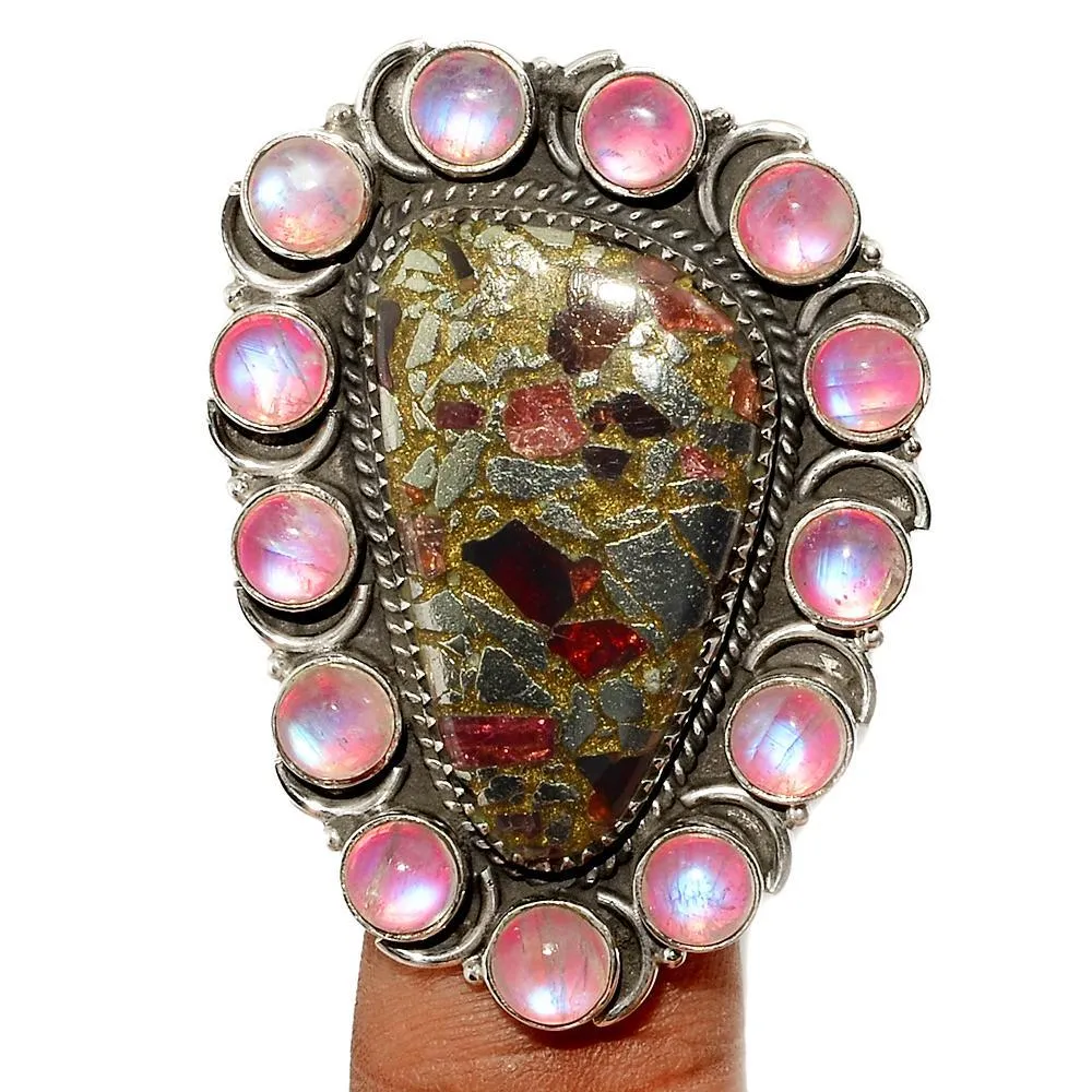 Natural Pink Moonstone, Garnet in Pyrite 925 Solid Sterling Silver Ring Size 7