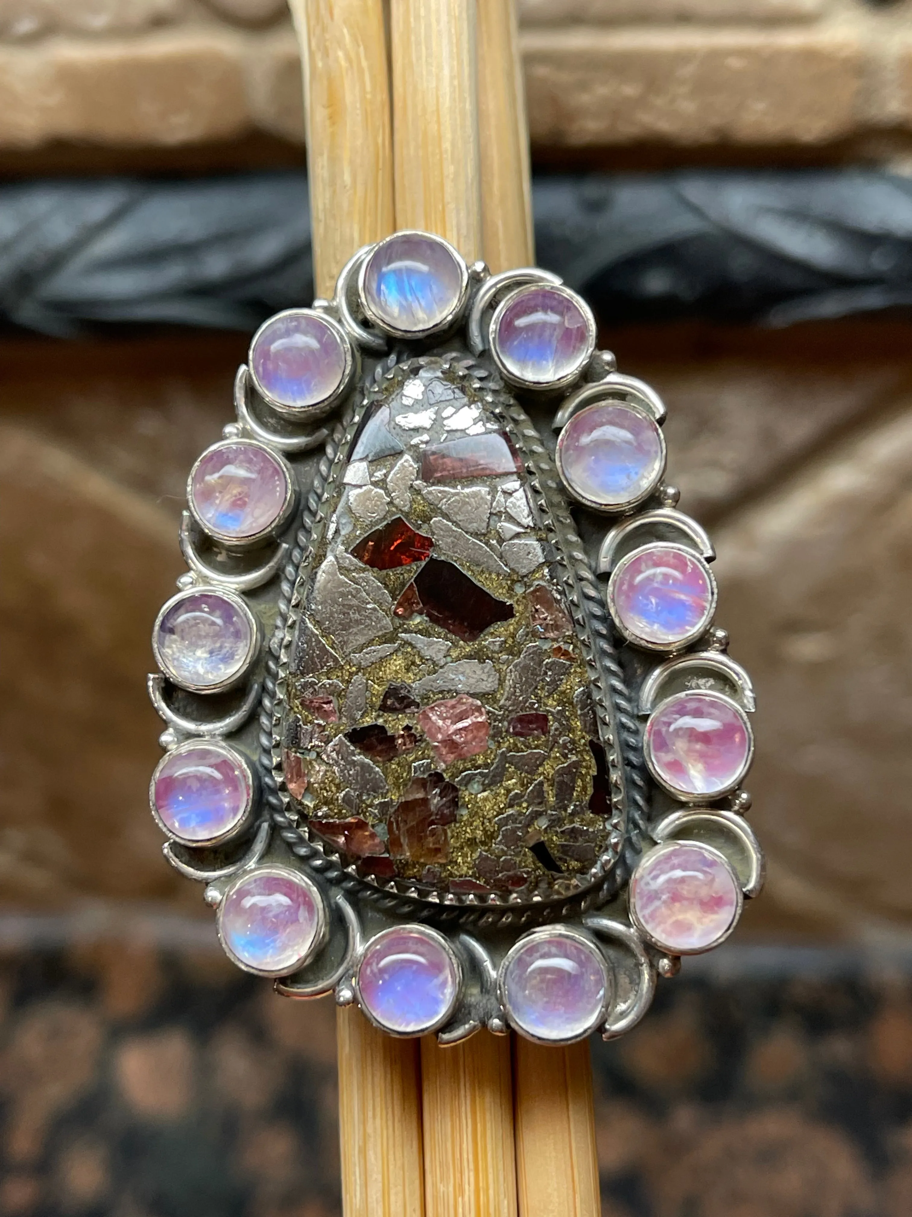 Natural Pink Moonstone, Garnet in Pyrite 925 Solid Sterling Silver Ring Size 7