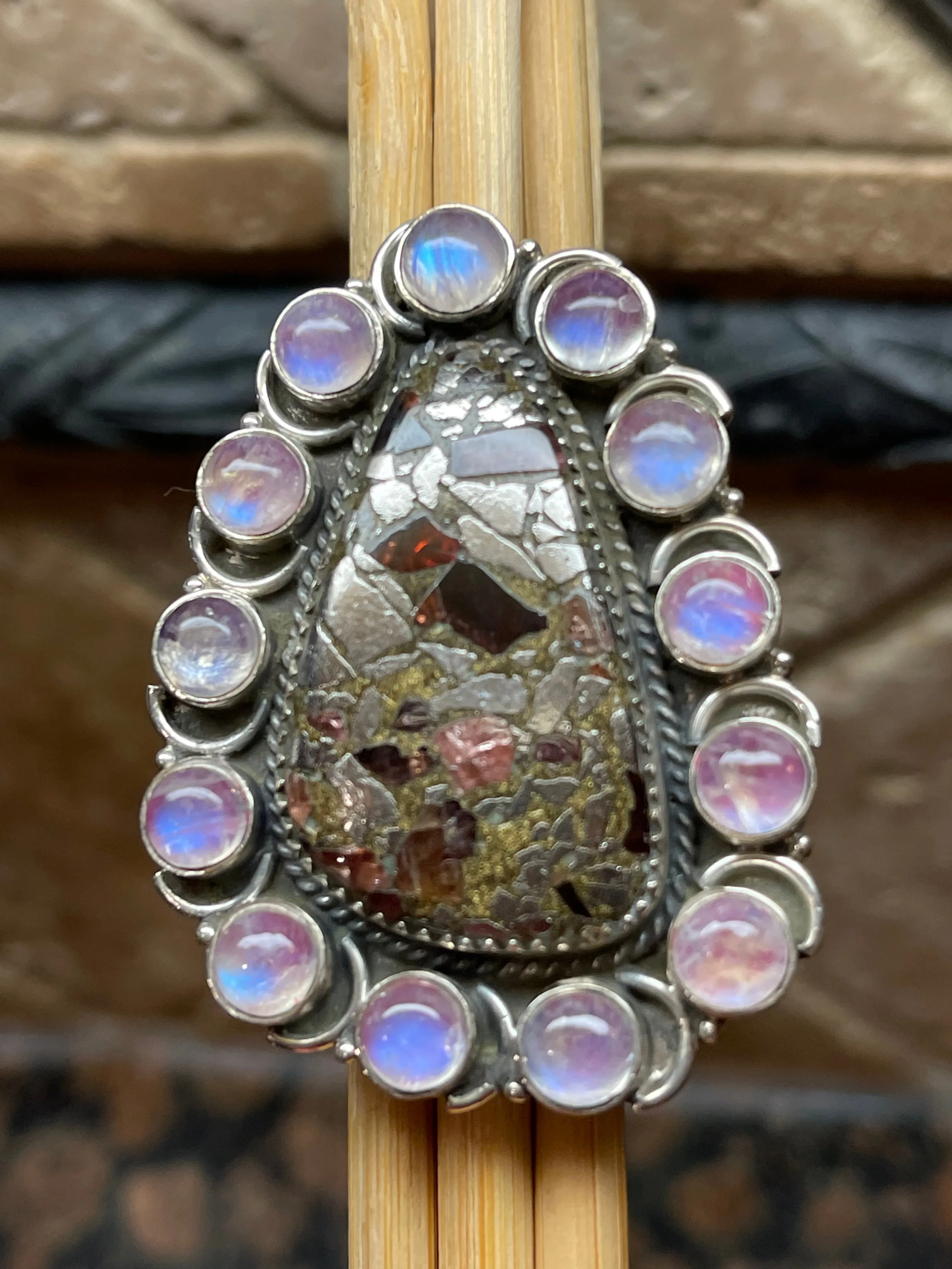 Natural Pink Moonstone, Garnet in Pyrite 925 Solid Sterling Silver Ring Size 7