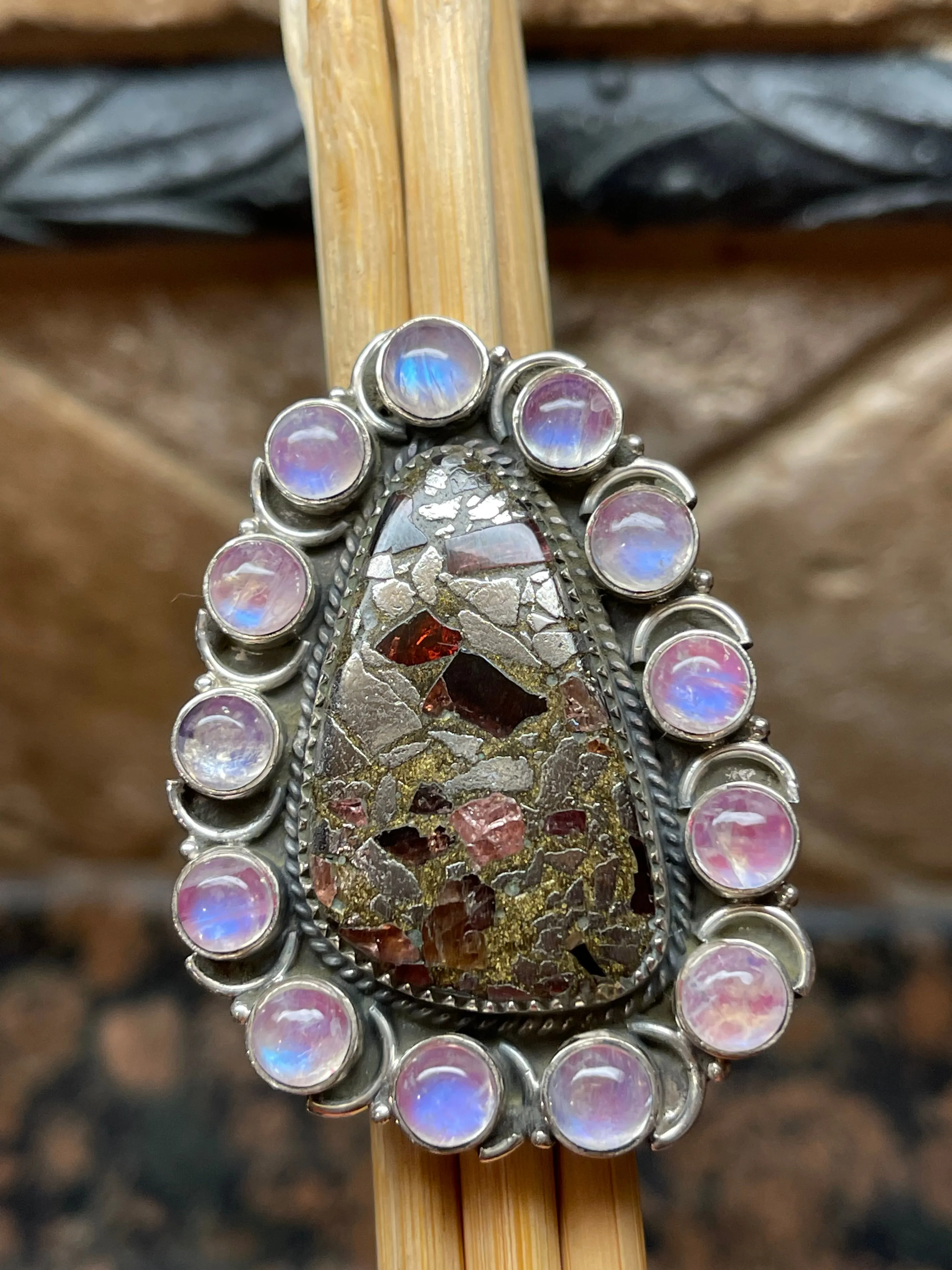 Natural Pink Moonstone, Garnet in Pyrite 925 Solid Sterling Silver Ring Size 7