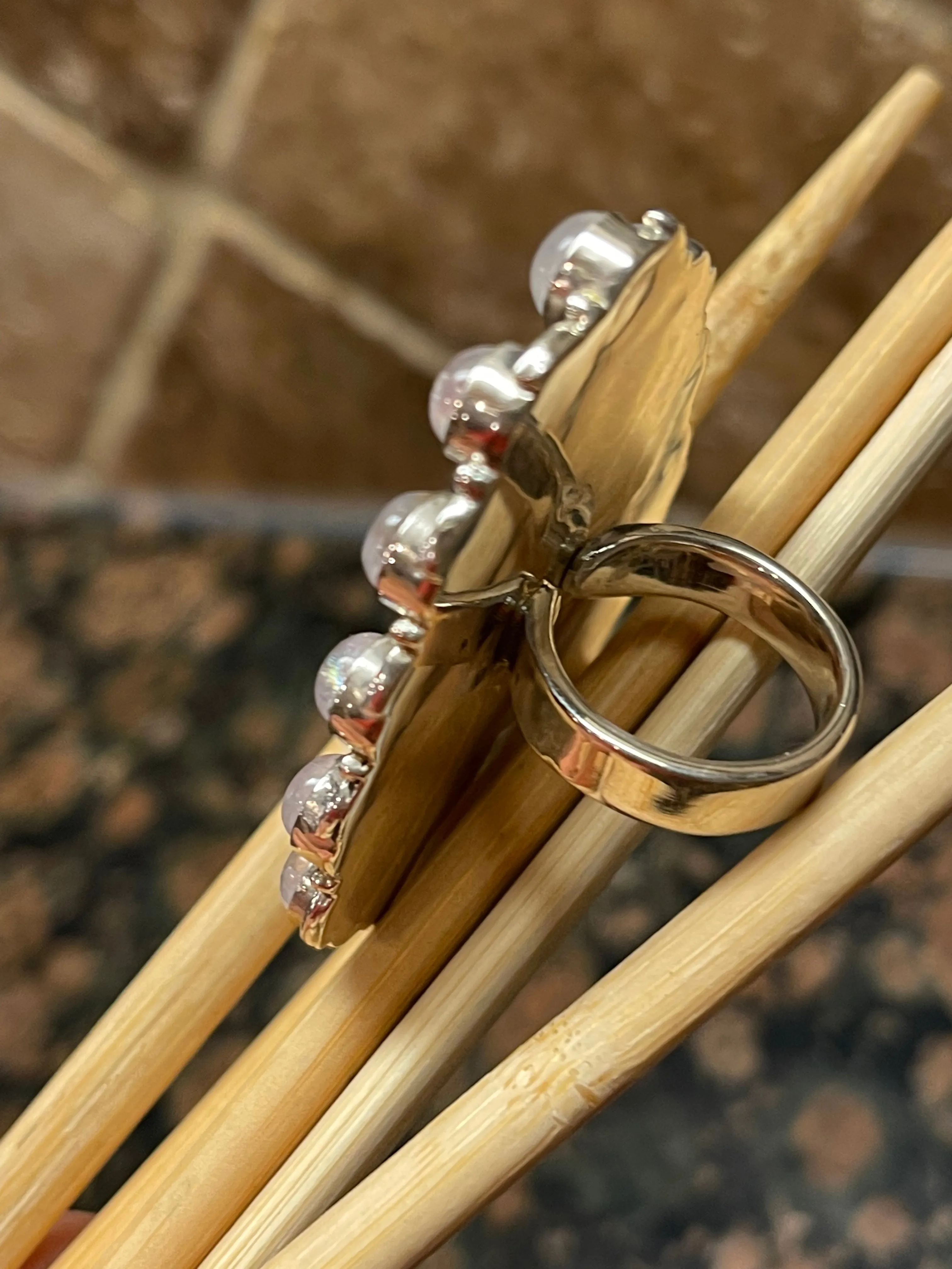 Natural Pink Moonstone, Garnet in Pyrite 925 Solid Sterling Silver Ring Size 7