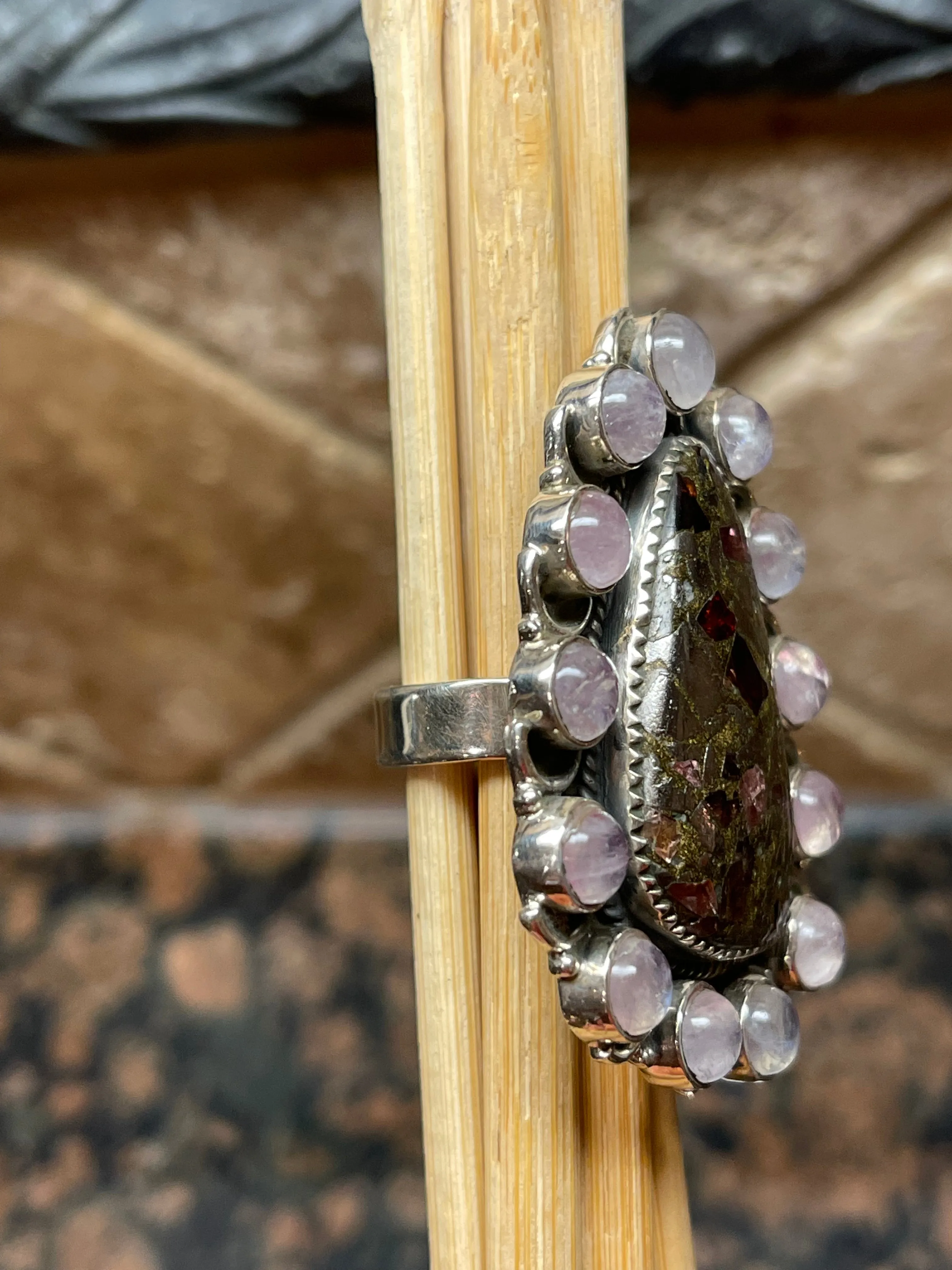 Natural Pink Moonstone, Garnet in Pyrite 925 Solid Sterling Silver Ring Size 7