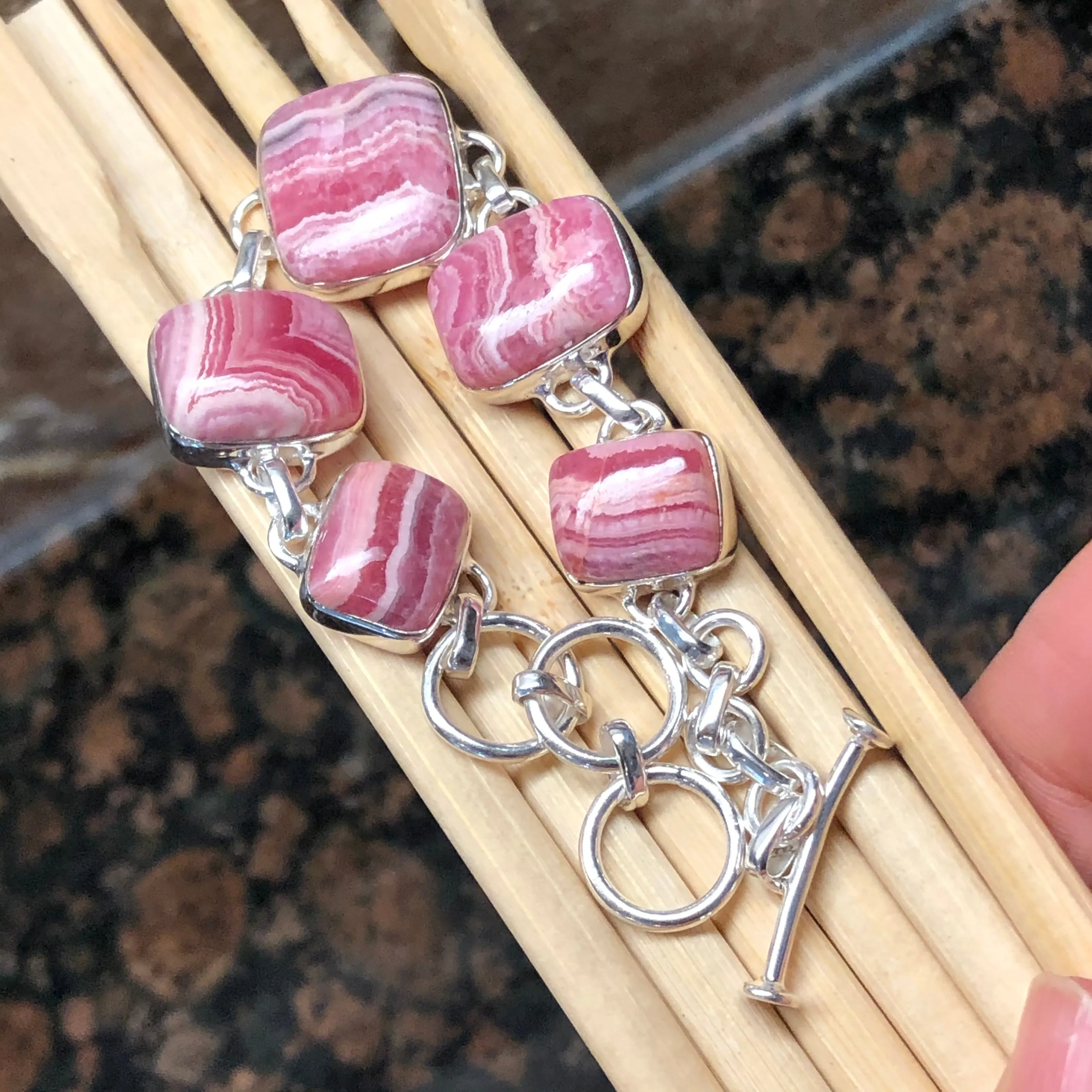 Natural Pink Rhodocrosite 925 Solid Sterling Silver Bracelets 7 1/2 inches