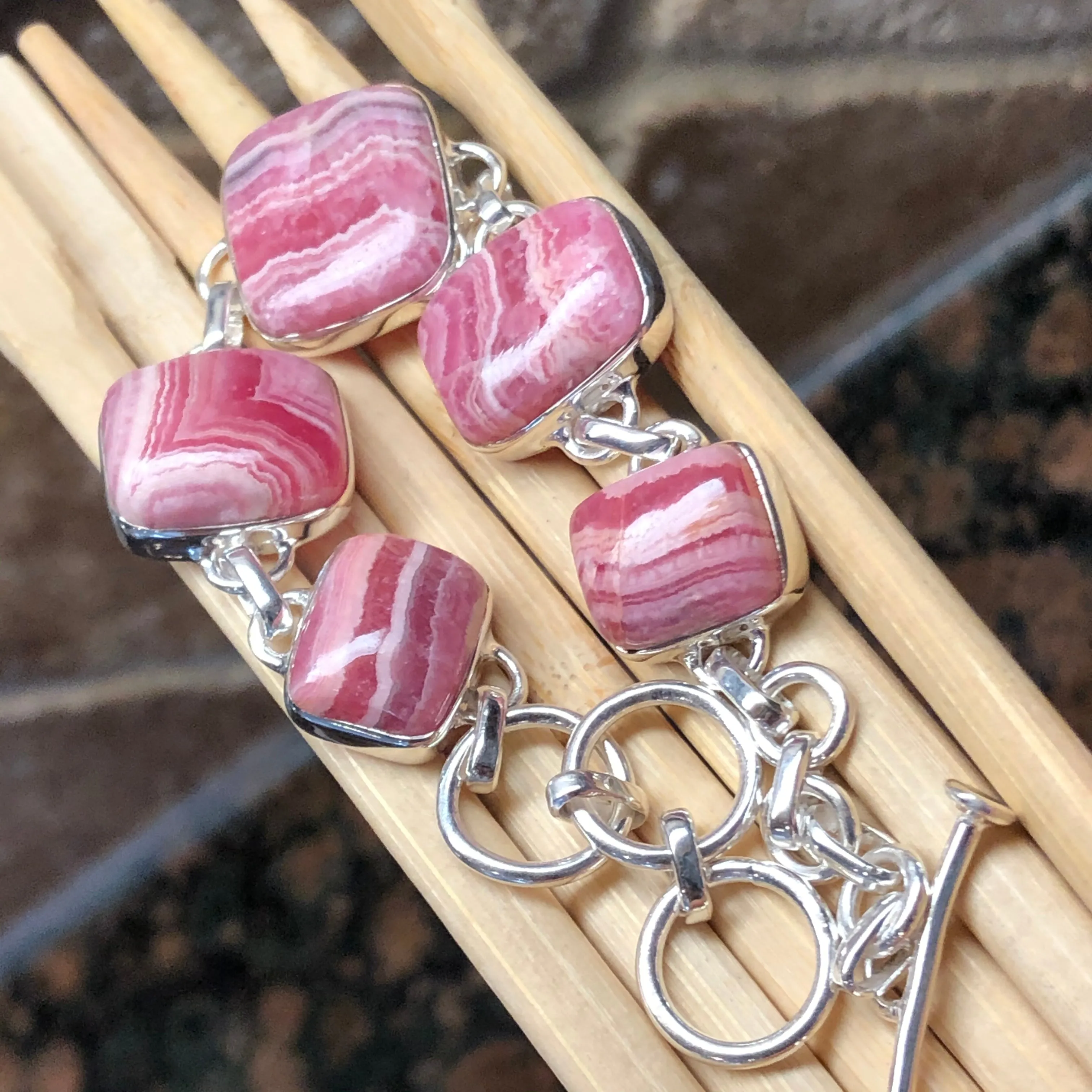 Natural Pink Rhodocrosite 925 Solid Sterling Silver Bracelets 7 1/2 inches
