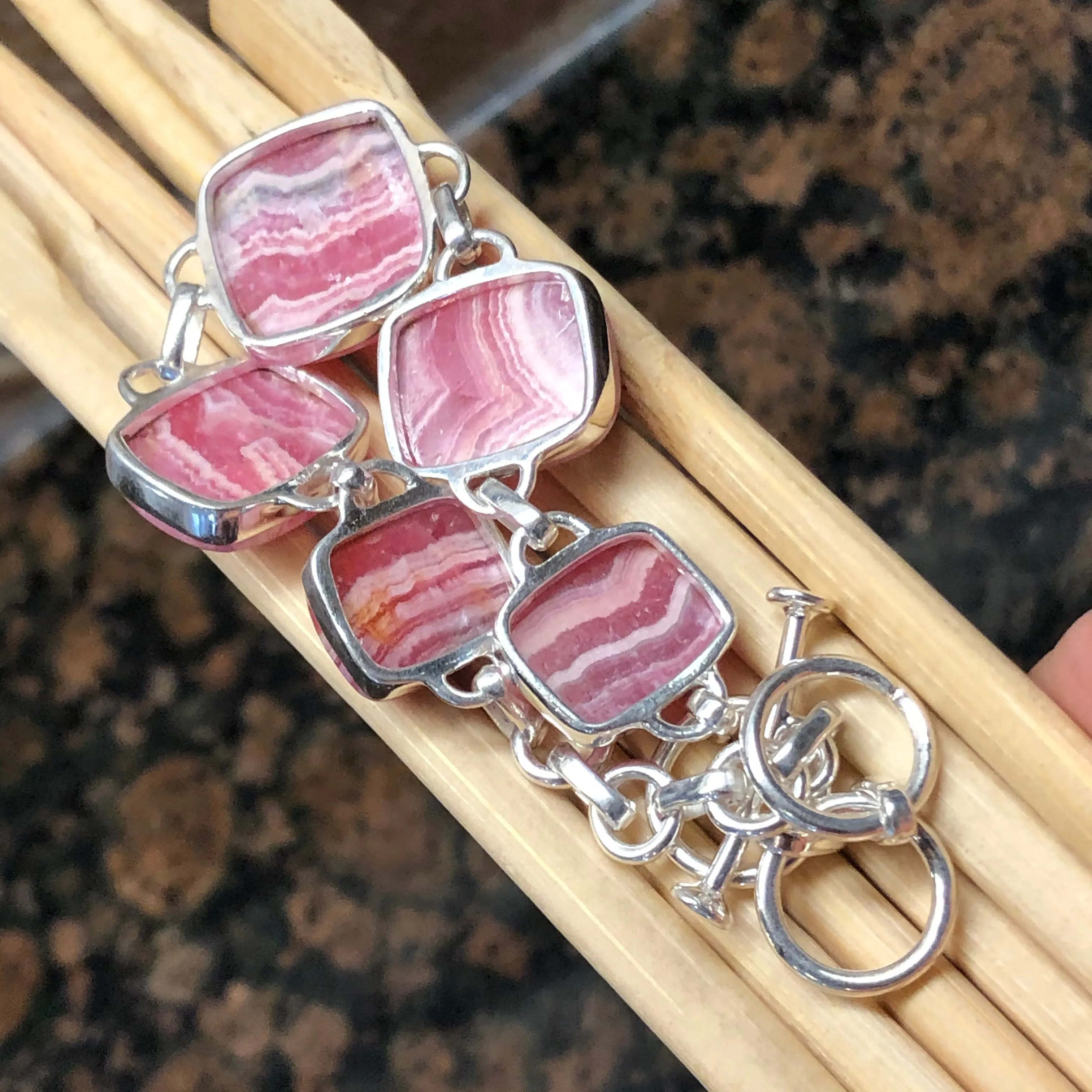 Natural Pink Rhodocrosite 925 Solid Sterling Silver Bracelets 7 1/2 inches