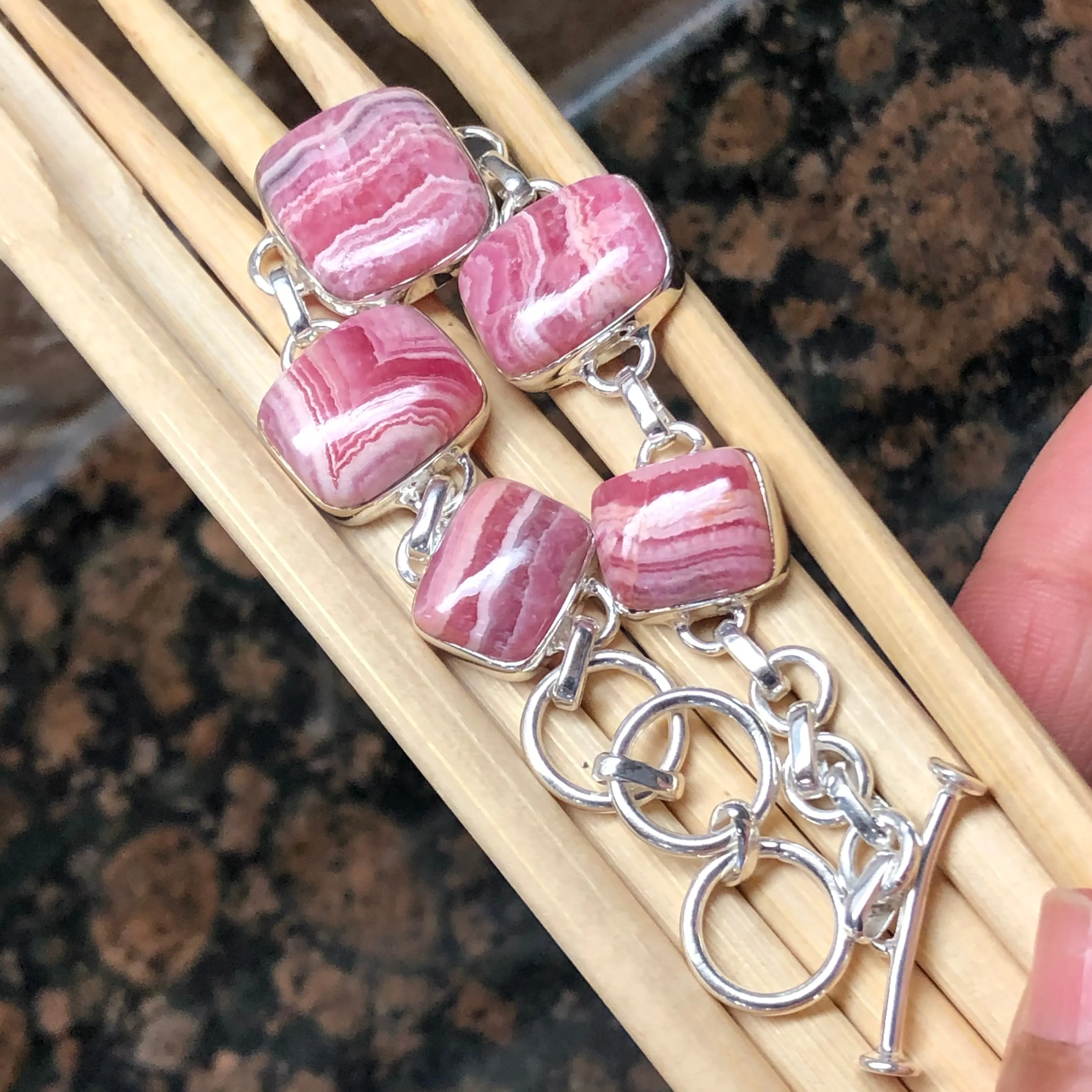 Natural Pink Rhodocrosite 925 Solid Sterling Silver Bracelets 7 1/2 inches