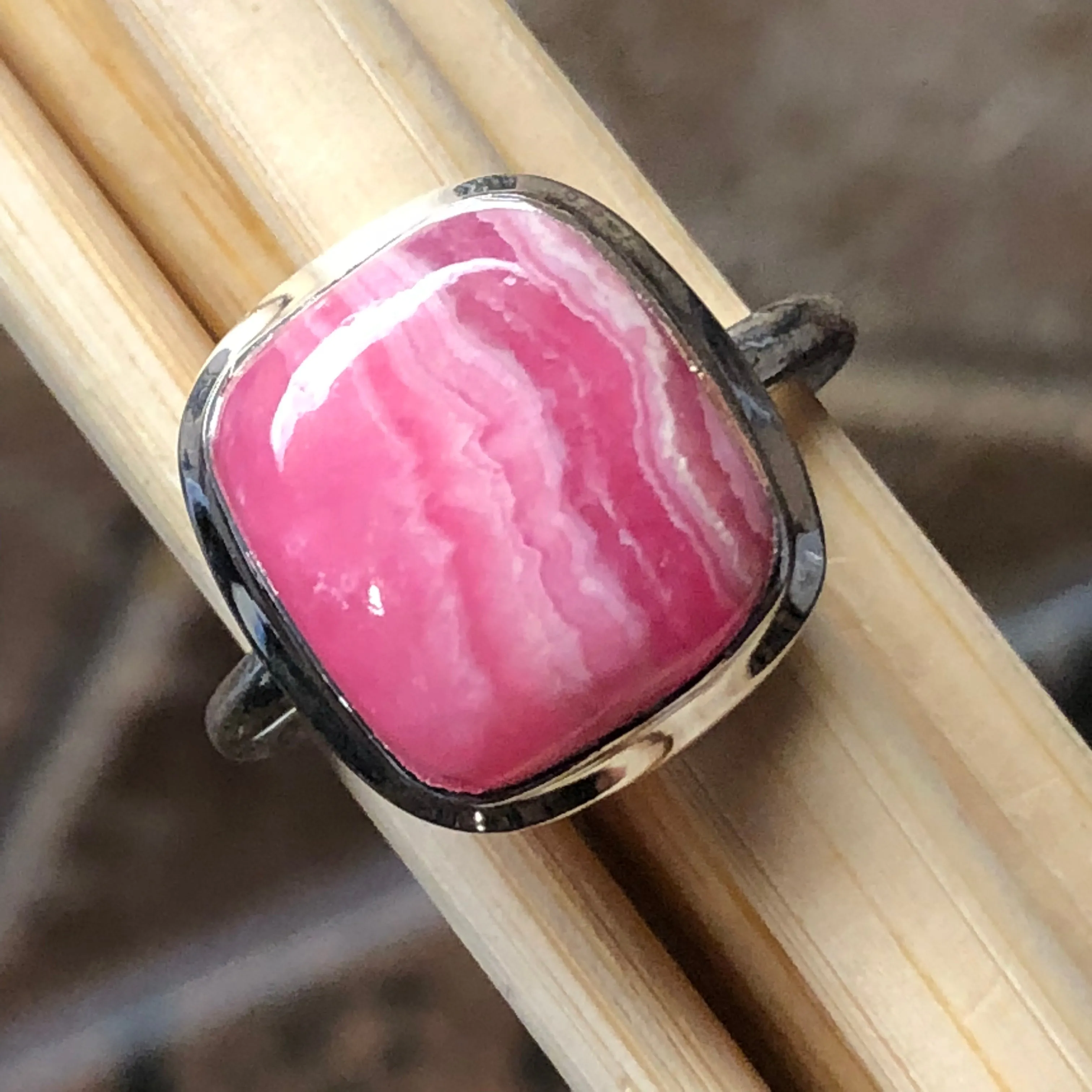 Natural Pink Rhodocrosite 925 Solid Sterling Silver Ring Size 7.75
